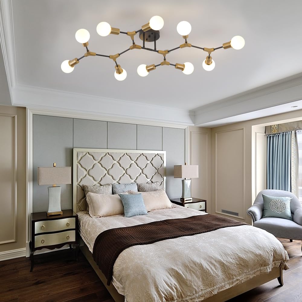 Quoobe Mid Centur Modern 10 Light Semi Flush Mount Ceiling Lighting Fixture For Dining Room Living Room Bedroom Aisle Kitchen Restaurant,Metal Gold And Black Sputnik Chandelier
