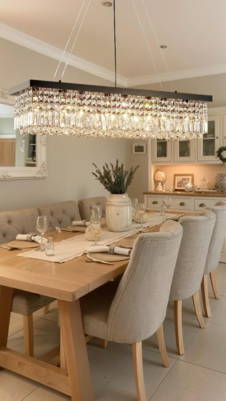 Tinkoso Modern Crystal Chandelier For Dining Room, 8-Light Black Rectangle Pendant Ceiling Light Fixture For Kitchen Island Bar,