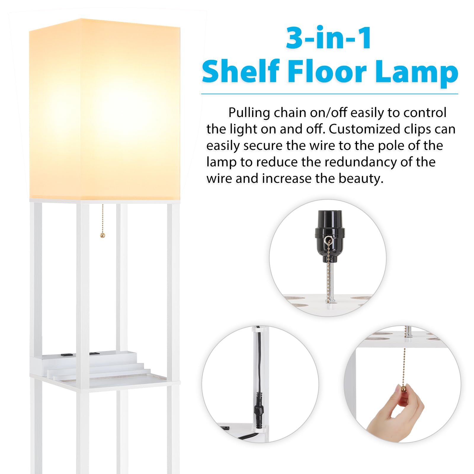Shine Hai Shelf Lamp, Modern Standing Lights With 1 Usb Port And 1 Type C Port And 1 Power Outlet, 3-Tiered Display Floor Lamps