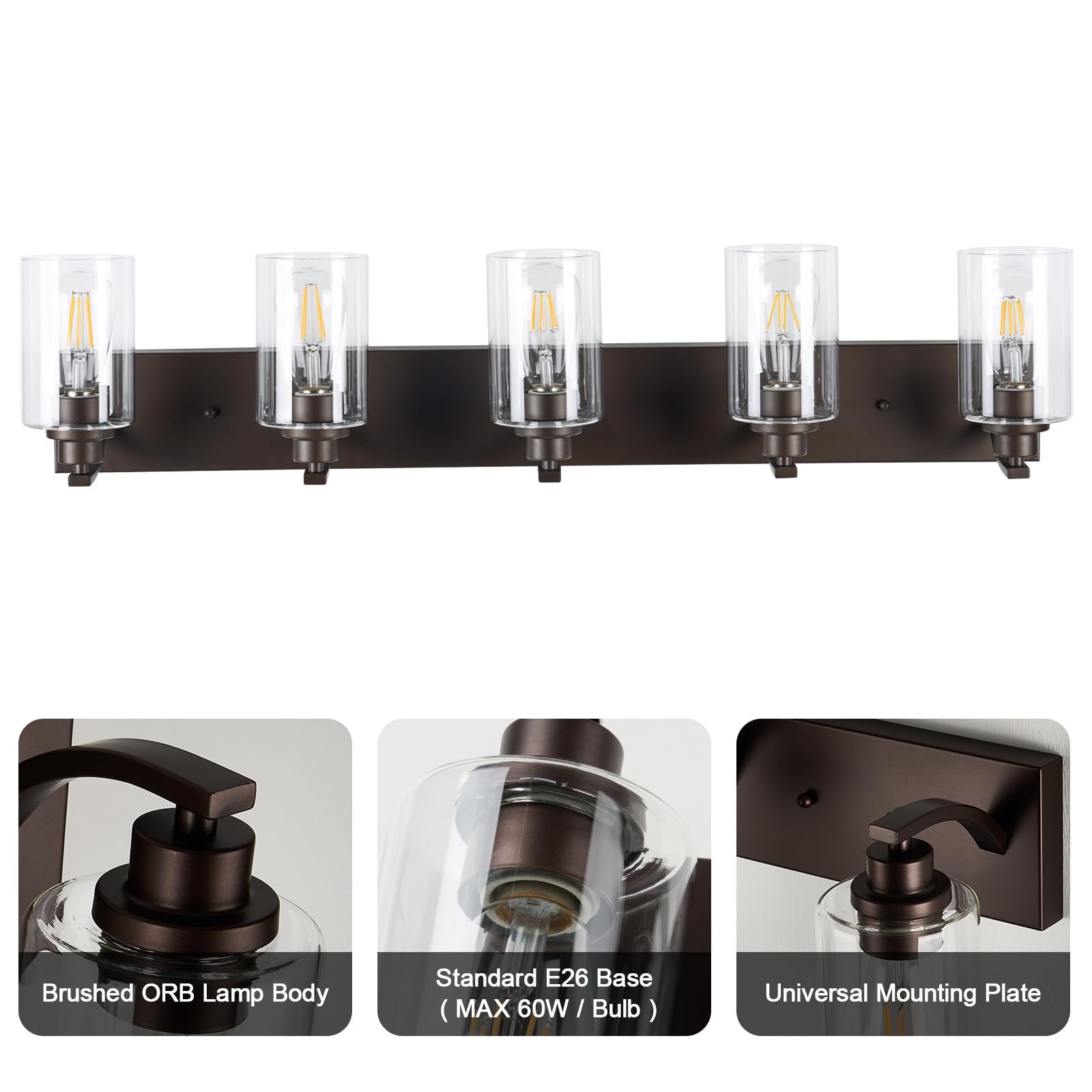 Alaislyc 5-Light Bathroom Light Fixtures Modern Orb Vanity Lights For Bathroom Lighting Fixtures Over Mirror With Clear Glass Shade For Cabinet Mirror Bedroom Hallway