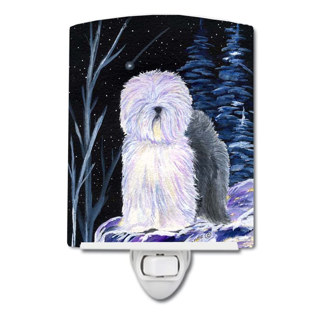 Caroline'S Treasures Ss8406Cnl Starry Night Old English Sheepdog Ceramic Night Light Compact, Ul-Certified, Ideal For Bedroom, Bathroom, Nursery, Hallway, Kitchen, 6X4X3, Multicolor