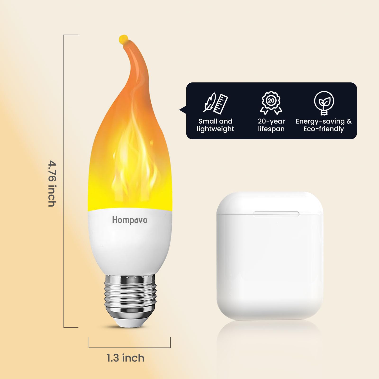 Hompavo LED Flame Light Bulbs, E26 Chandelier Base, 3 Modes Flickering, 2 Pack, Plastic, Candle Angular2