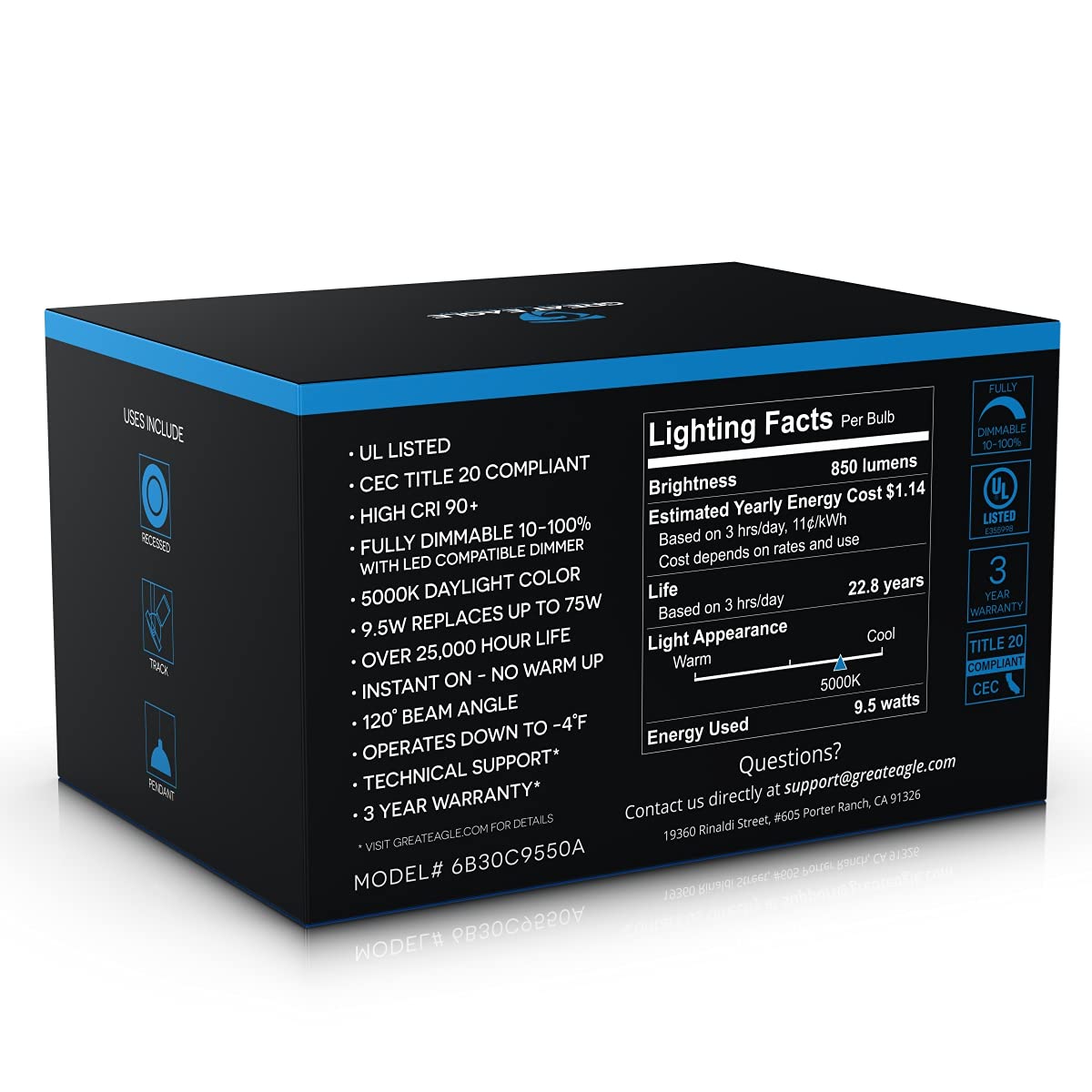 Great Eagle LED BR30 Light Bulb, Dimmable 9.5W, 850 Lumens, 5000K Daylight, High CRI 90+, Model 6B30