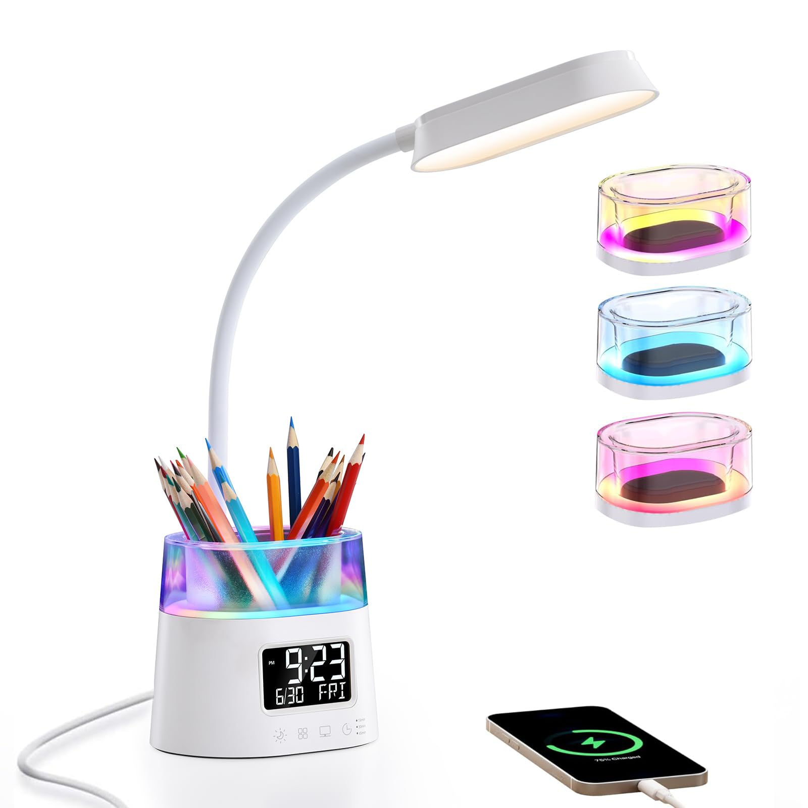 WILIT LED Desk Lamp with USB Charging Port & Clock, White, Model W49A, Pen Holder for Home Office, RGB Night Light for Kids & Students