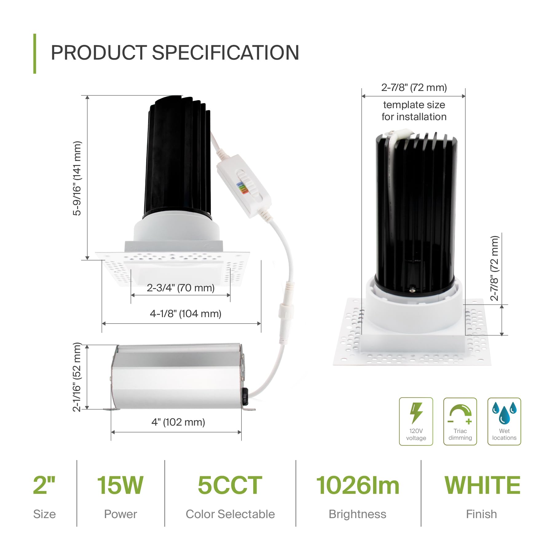 ASD LED Recessed Lighting Downlight 15W Square 2in IC Rated 5 CCT 2700K-5000K Energy Star White 18 Pack Model A-CD-TS