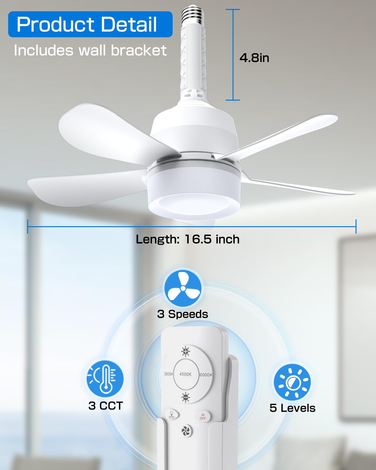Eonini 2-in-1 Socket Fan Light with Remote, Dimmable LED, 1000LM, White, Model FS400-A1, Easy Install for Bedroom, Kitchen, Garage,