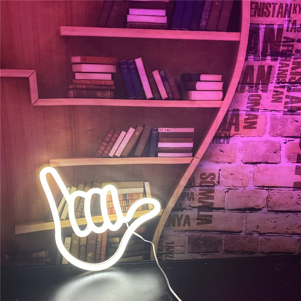 QiaoFei Hand Shape Neon Sign Light - White, USB/Battery Operated, Decorative Wall Art, Model QFLTGL2161004