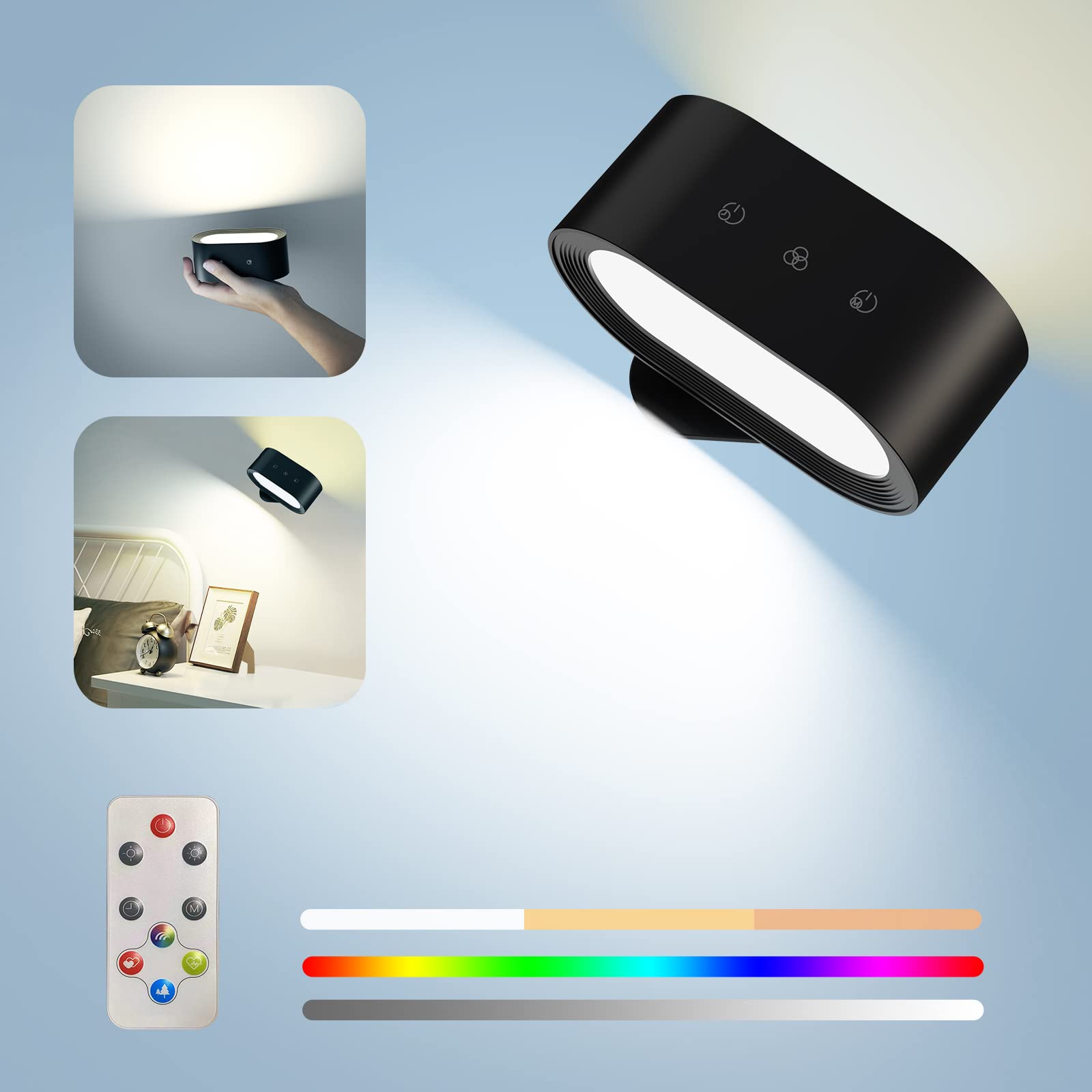 Kitloo Wall Lights, Battery Operated Wall Sconces RGB Ambient Lighting, Color Changing Rechargeable Wall Lamp Fixture with 3 Col