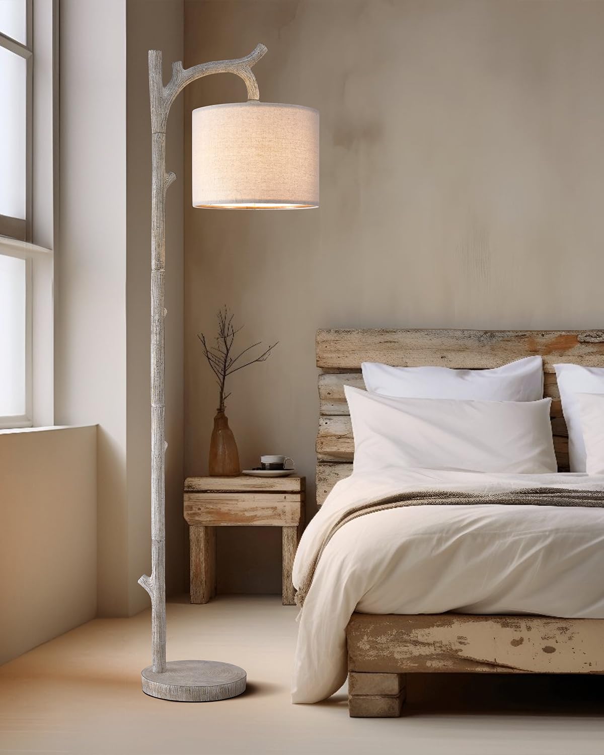 OYEARS Rustic Floor Lamp - 61.25in Vintage Tree Trunk Design, Washed White Resin, Model AMZ-F1159RS, Ideal for Bedroom or Living Room