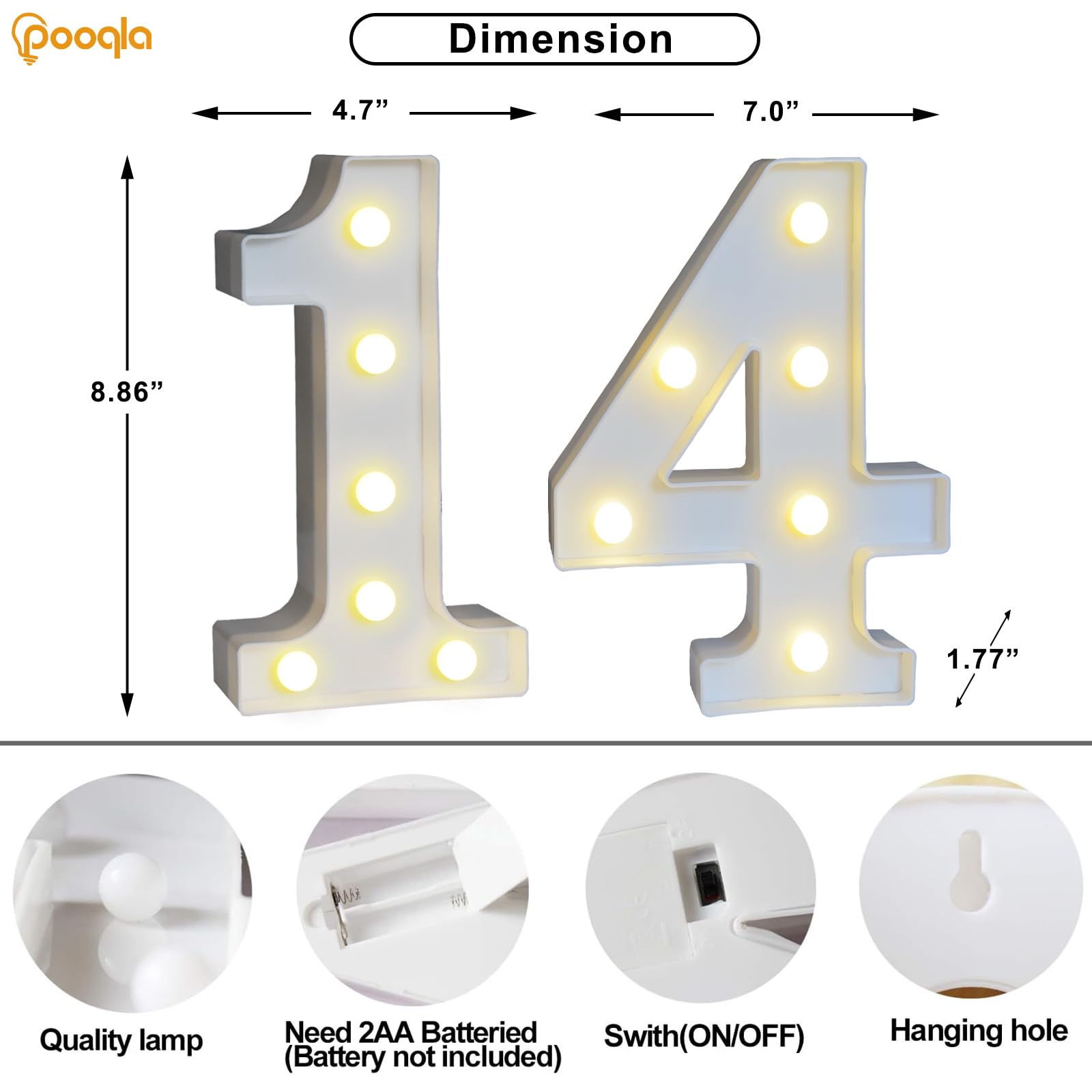 Pooqla Decorative Led Light Up Number Letters, White Plastic Marquee Number Lights Sign For 14Th Birthday Party Wedding Decor Battery Operated Number (14)