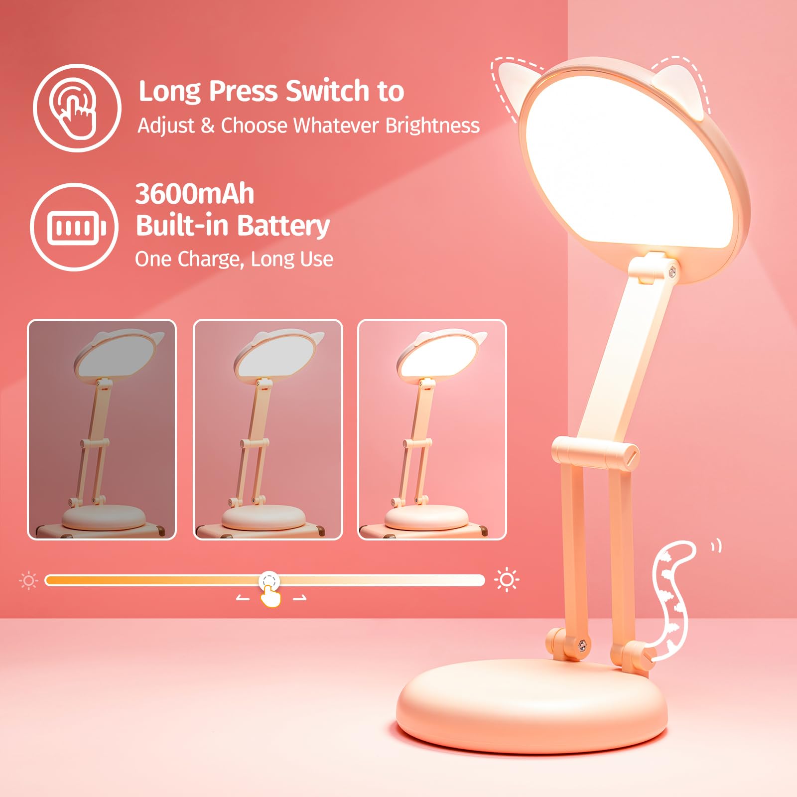 PIKOY Small Desk Lamp Rechargeable 3600mAh 10 Brightness Portable Pink WH-C17