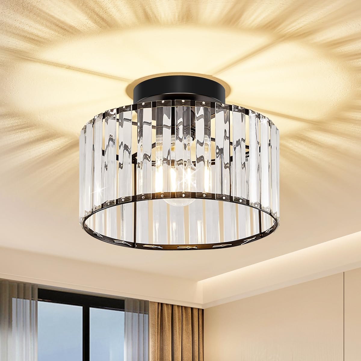 Violoemi Modern Ceiling Light, Crystal Hallway Semi Flush Mount Ceiling Lighting Fixture, Black Metal Close To Ceiling Lamp For Bathroom Entryway Bedroom Porch Kitchen Living Room