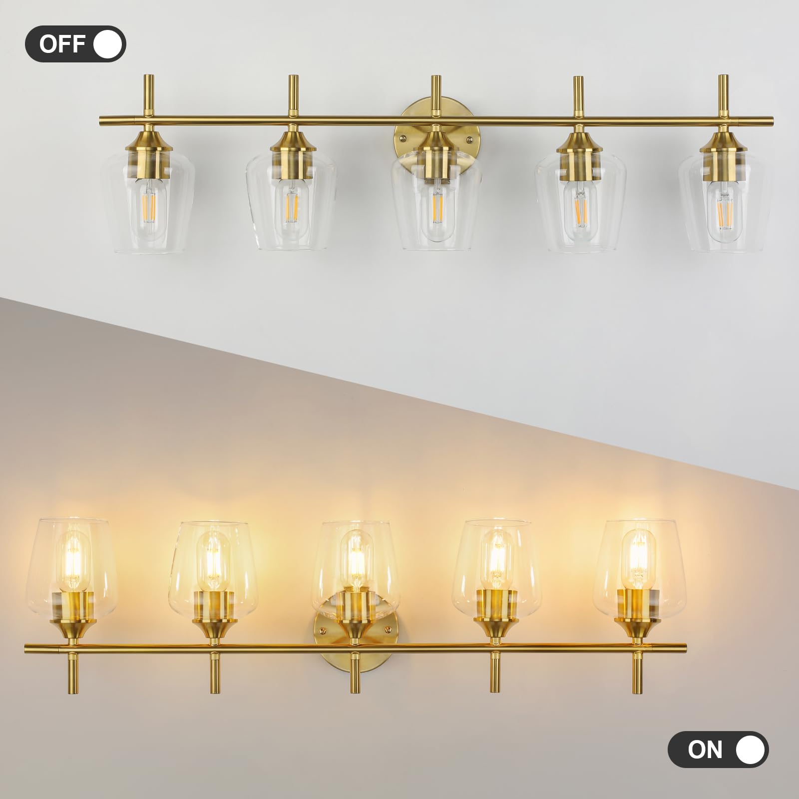 foucasal 5-Light Bathroom Vanity Light Fixture, Gold Brushed Brass with Clear Glass Shade for Mirror and Hallway