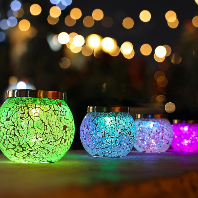 Cooo 2 Pack Valentines Day Gifts for Him Her Heavy Solar Mosaic Splitle Glass Lights with Dual Solar Panels  Color-Changing RGB Lantern  Special Dazzling Glass  Waterproof Outdoor Lamps Garden Lamp
