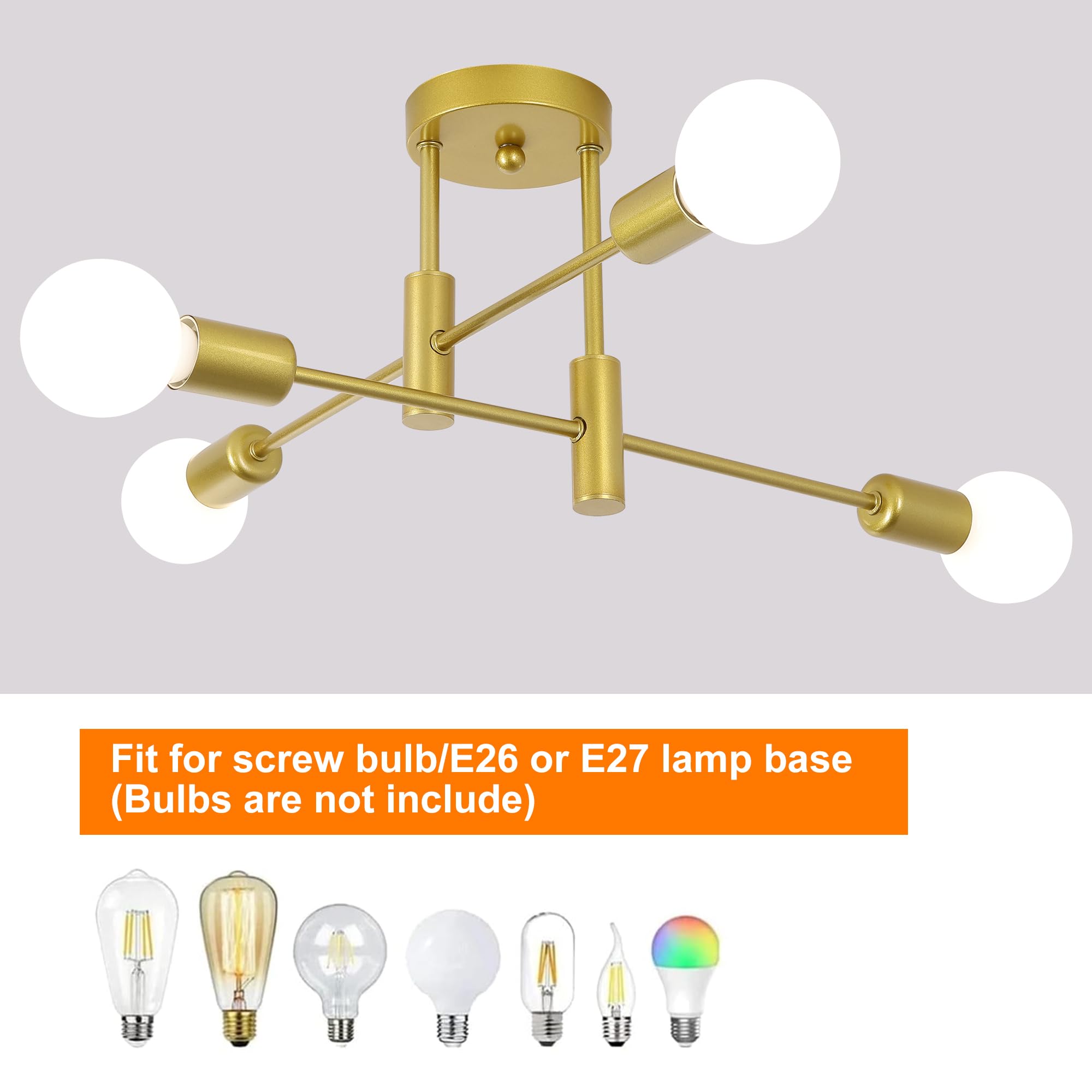 Garwarm 4-Light Sputnik Ceiling Light Modern Semi Flush Mount Ceiling Light Fixture Mid Century Gold Sputnik Chandelier For Kitc