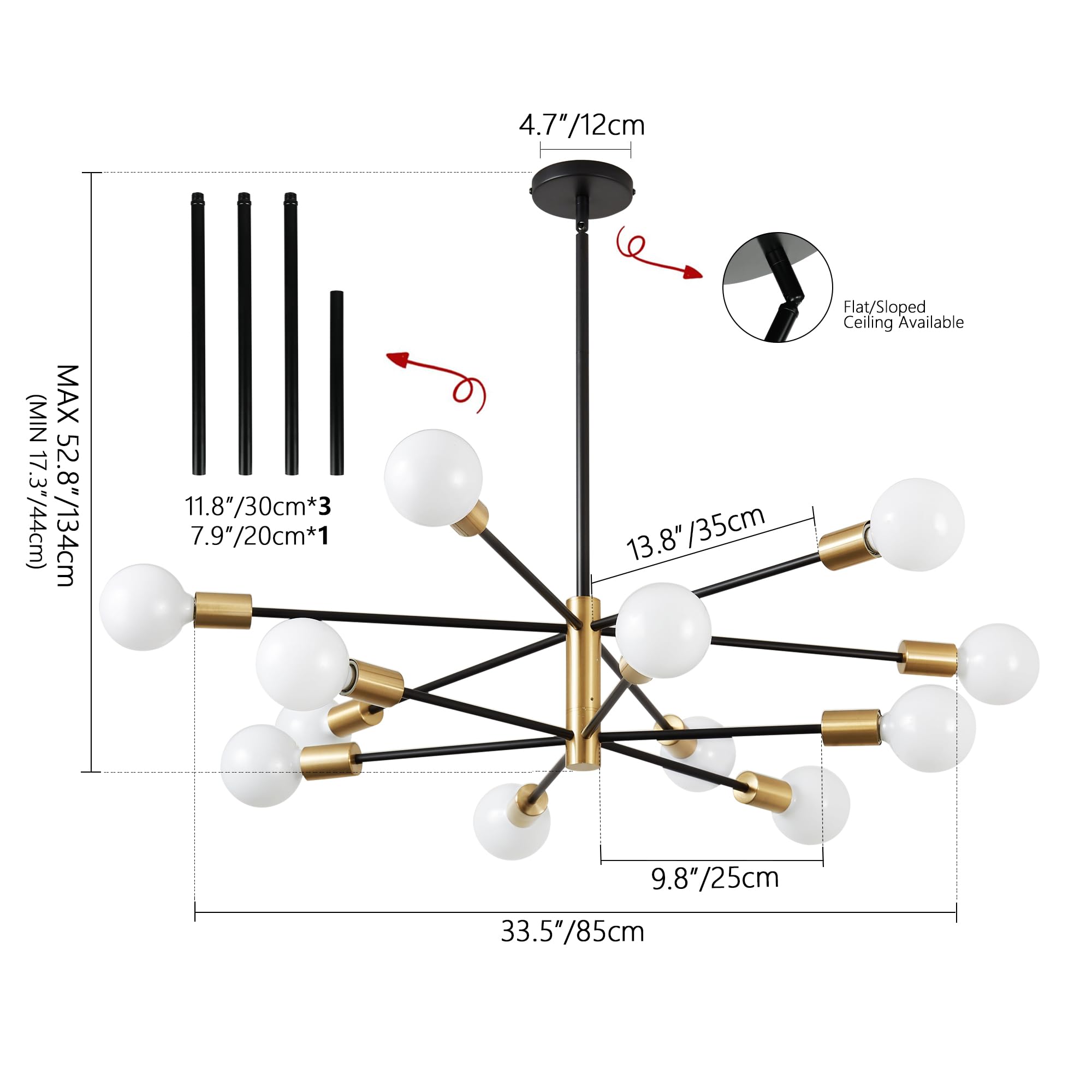 Kaisite 12-Light Modern Sputnik Chandelier - Black Gold Fixture For Dining Room & Kitchen