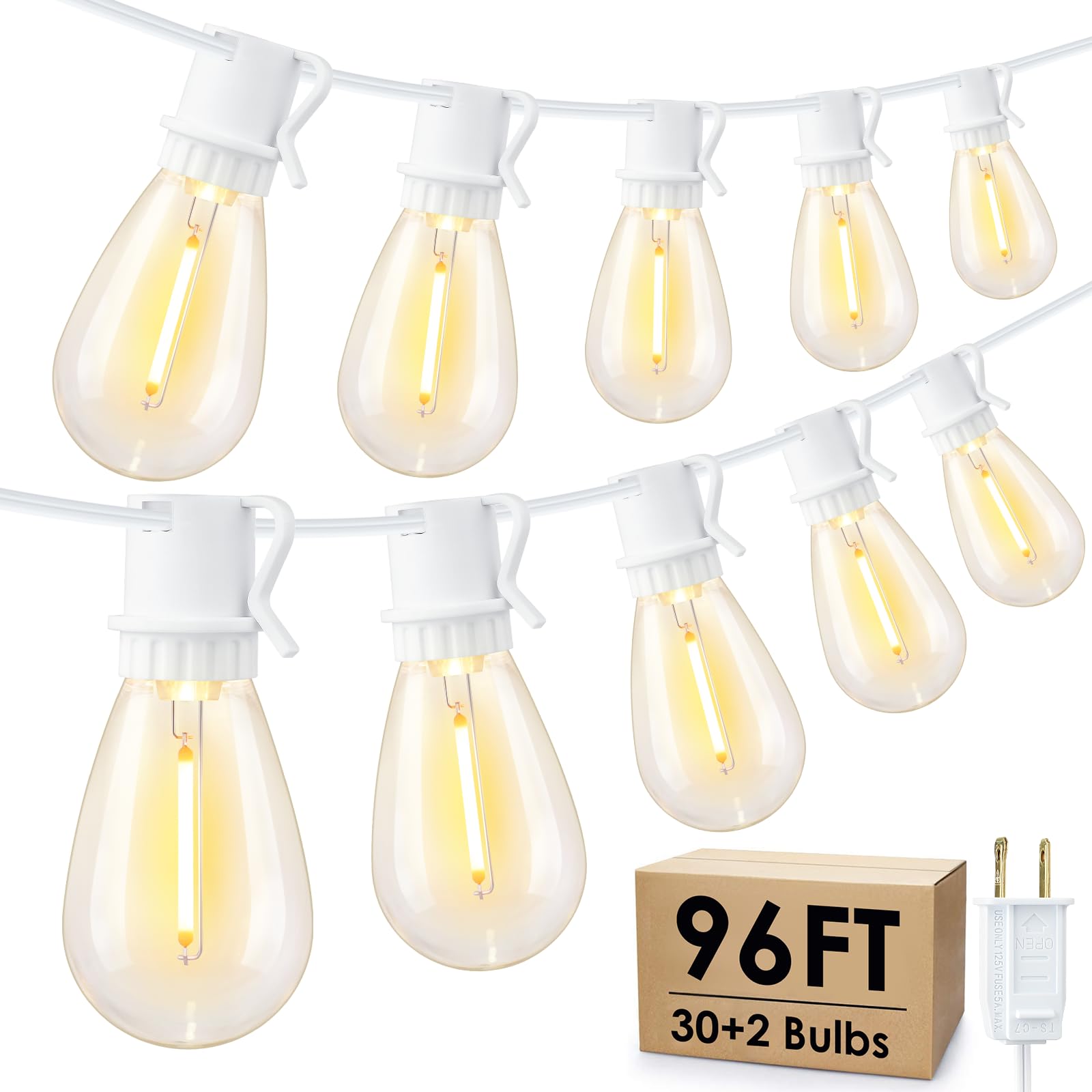 Larkvue 96FT LED Outdoor String Lights, Waterproof Patio Lights with 30+2 2700K Dimmable Vintage Edison Hanging Plastic Bulbs fo