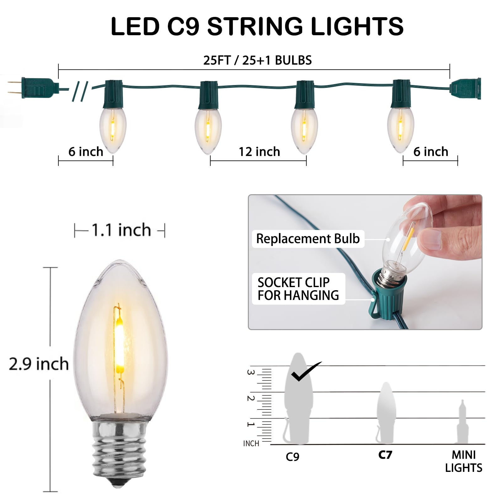 Minetom C9 Christmas Lights 25FT Connectable Waterproof Warm White LED Decorations E17 Base