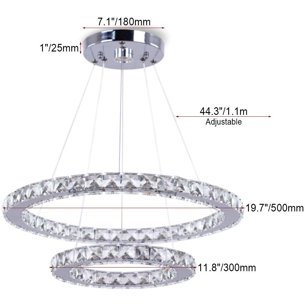 Led Chandelier Modern Contemporary 2 Rings Pendant Light Adjustable Stainless Steel Crystal Ceiling Lighting Fixture For Bedroom