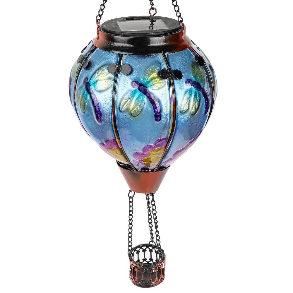 Teyigarden Hot Air Balloon Solar Lantern With Flickering Flame, Glass Hanging Garden Lights Outdoor Waterproof For Tree Yard Patio Mother'S Day Gift, 18&quot; H Dragonfly