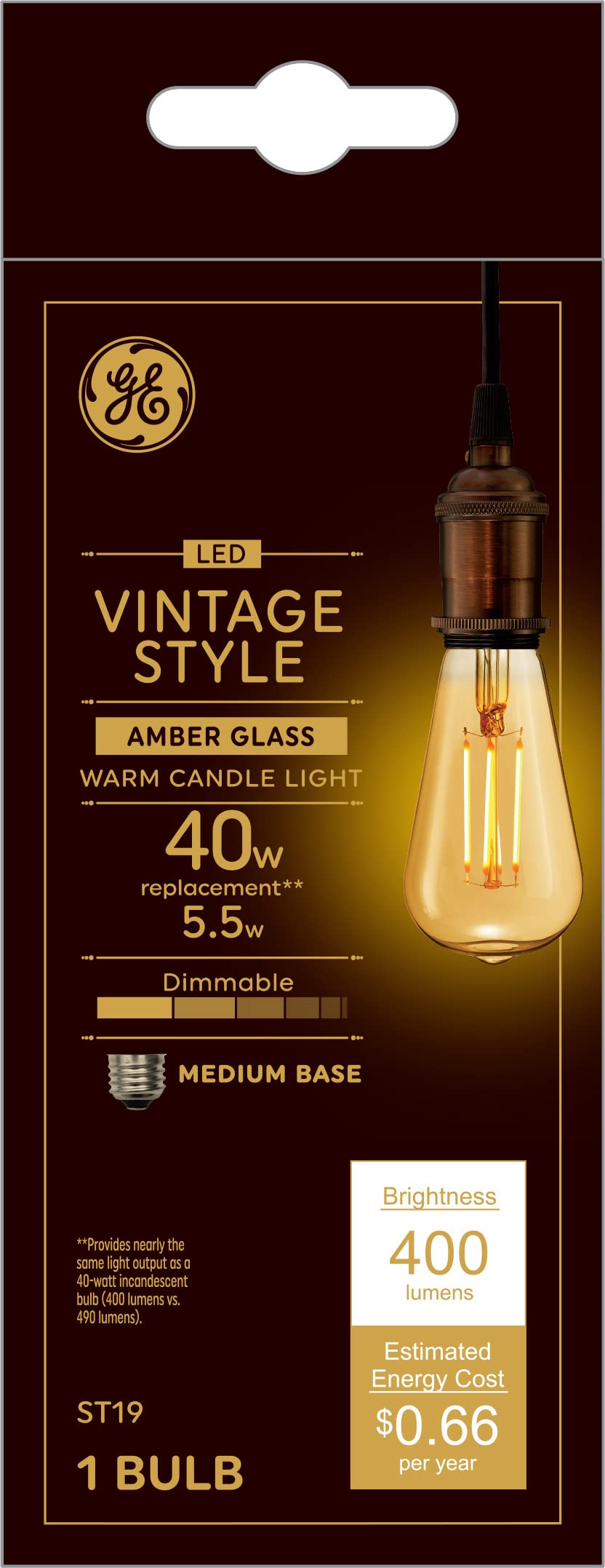 GE Lighting 42193 Amber Glass Bulb Dimmable LED Vintage Style ST19 3.5 (25-Watt Replacement), 200-Lumen Medium Base, 4 Count (Pa