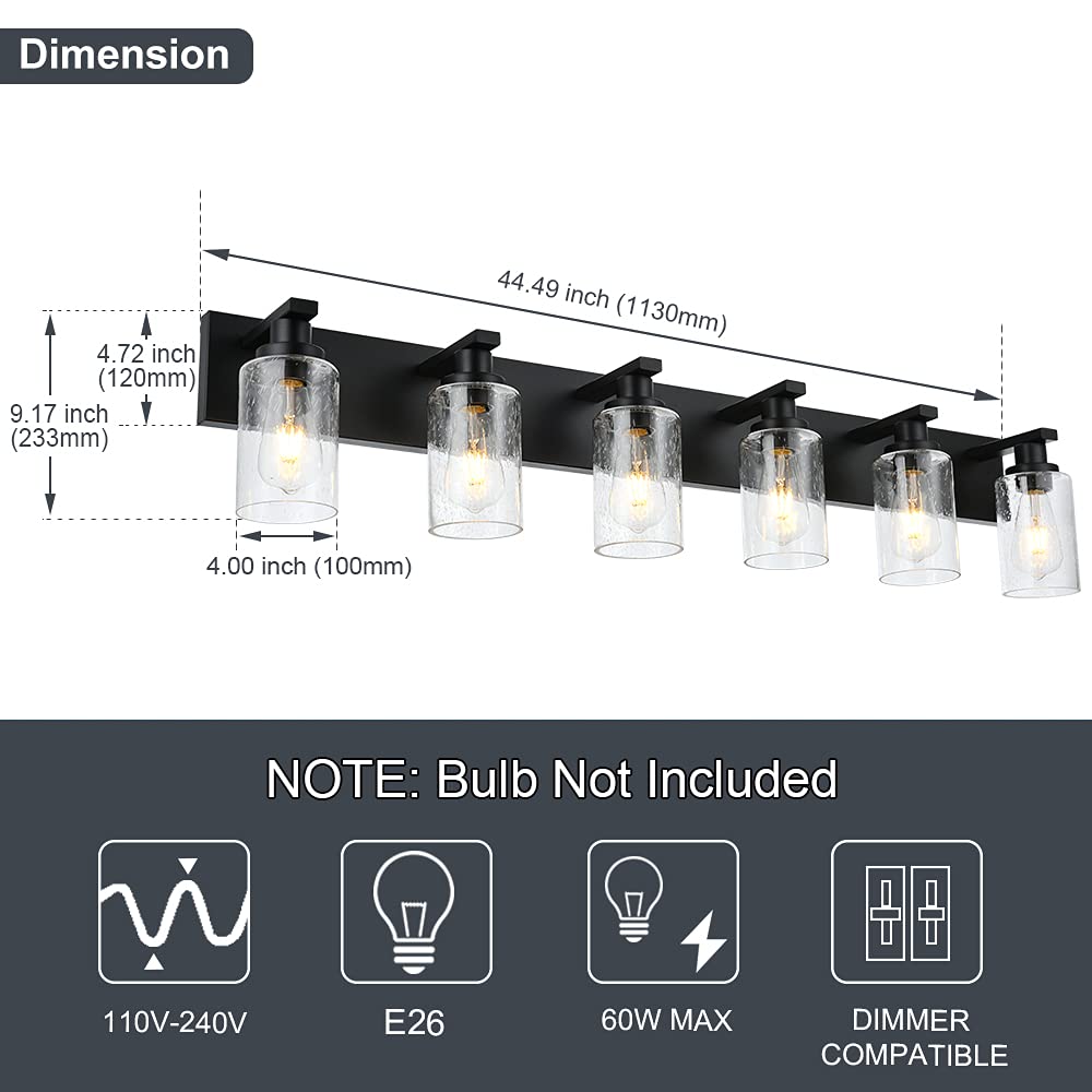 Winshen Modern Bathroom Vanity Light 6-Light Lamp In Black, Farmhouse Wall Light Fixture With Seeded Glass Shades Indoor Wall La
