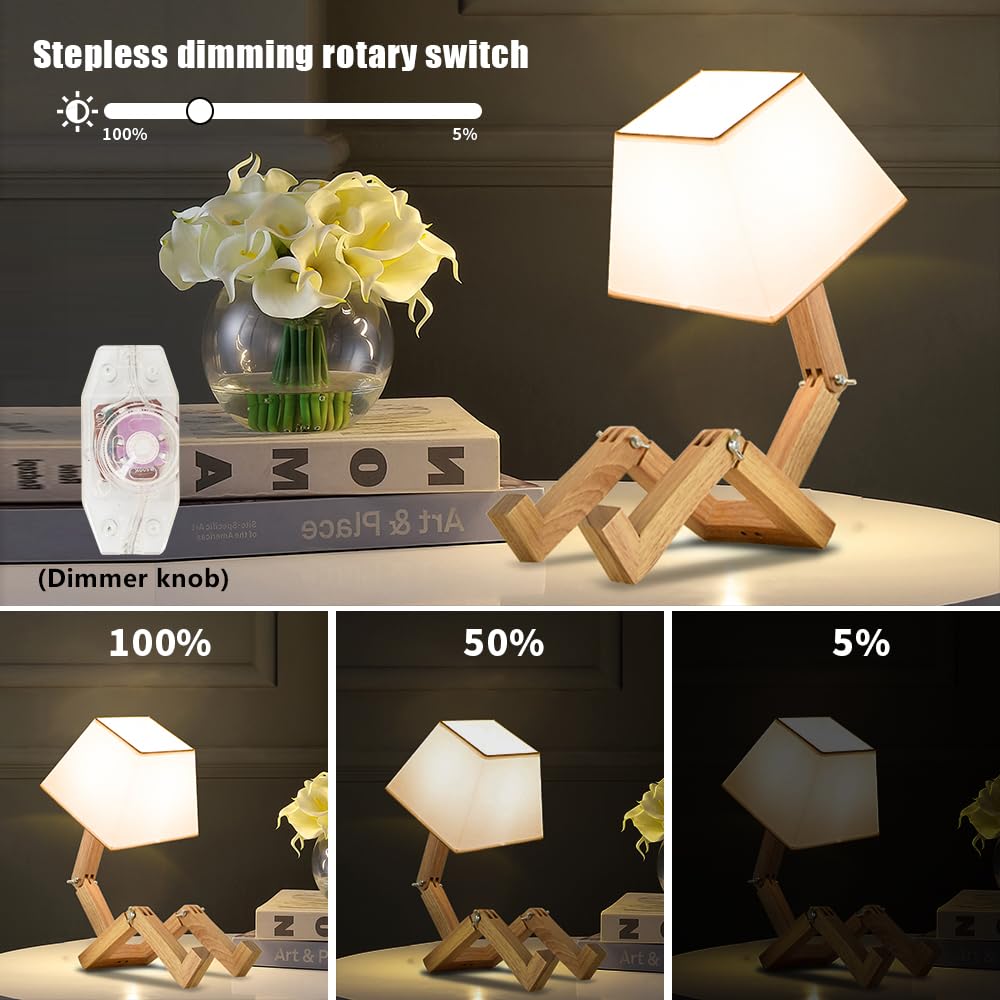 Mumeng Cute Desk Lamp, Dimmable Robot Table Lamps, Wood Bedside Lamps Nightstand Lamp For Bedroom, Study, Office, Living Room