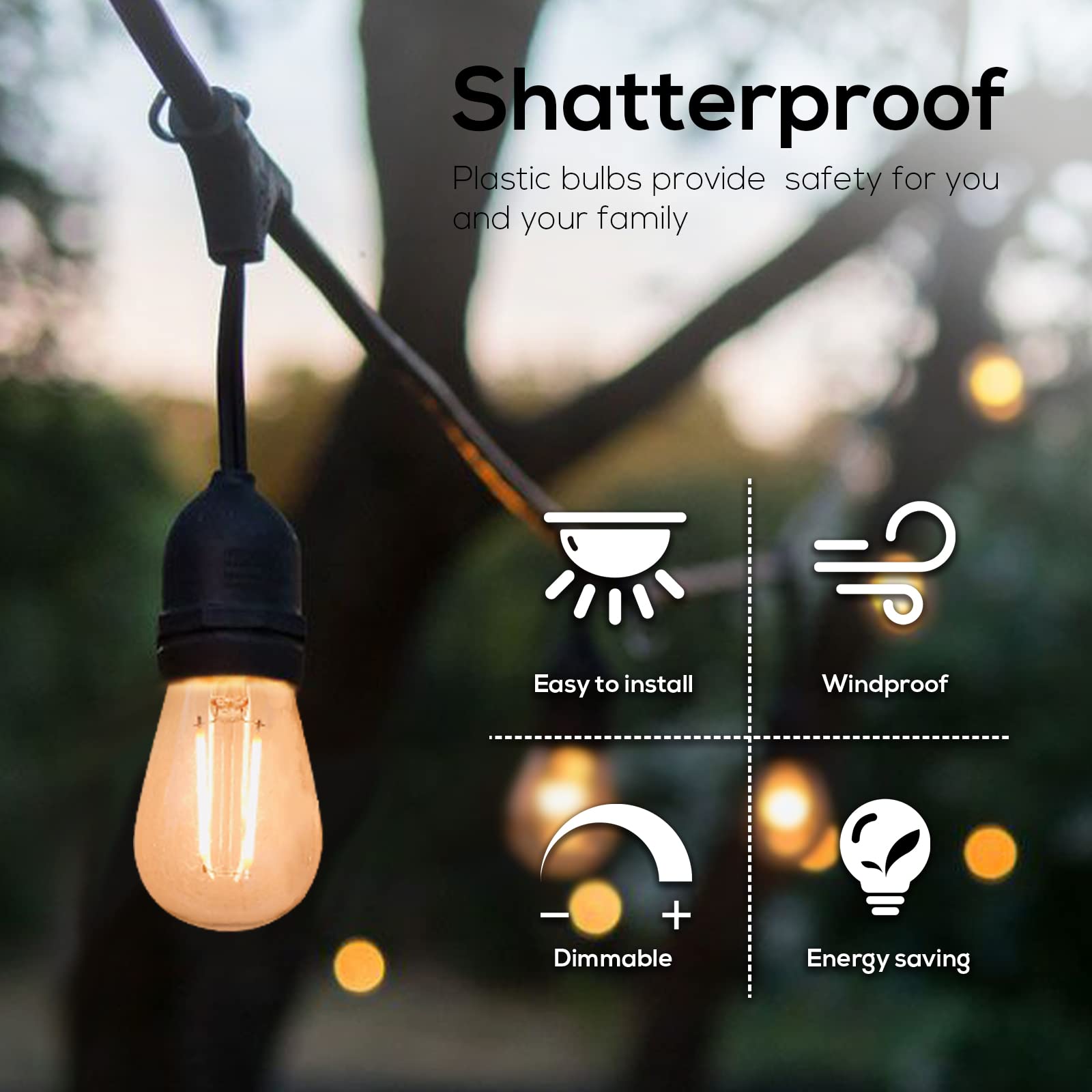 Banord 15 Pack Dimmable 2W S14 LED Bulbs, Warm White 2700K, Shatterproof E26 Edison Filament for Outdoor String Lights, Model BN003