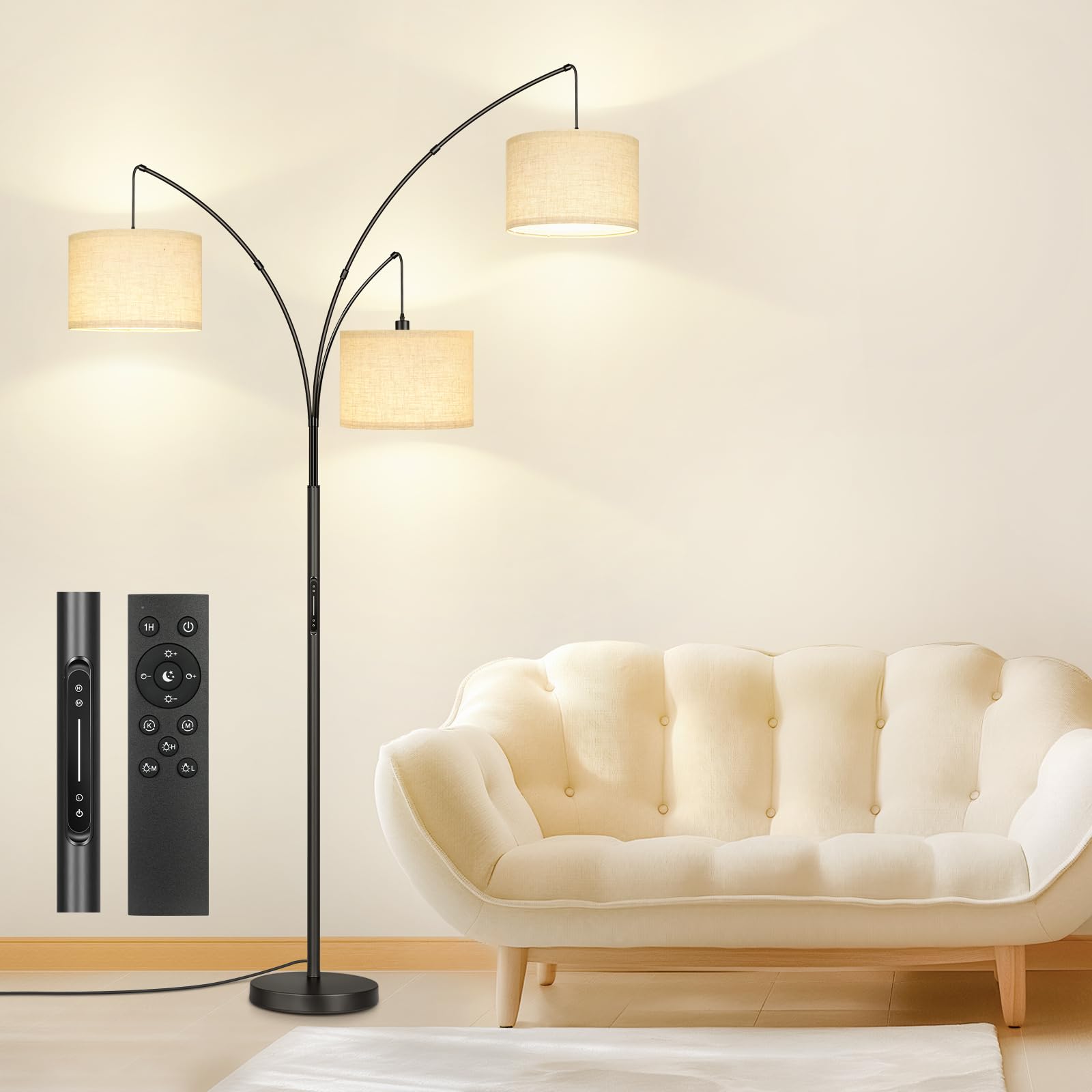 Outon Arc Led Floor Lamp With Remote & Touch Control, Dimmable Modern Black 3 Light Arched Tall Floor Lamp, Mid Century Adjustab