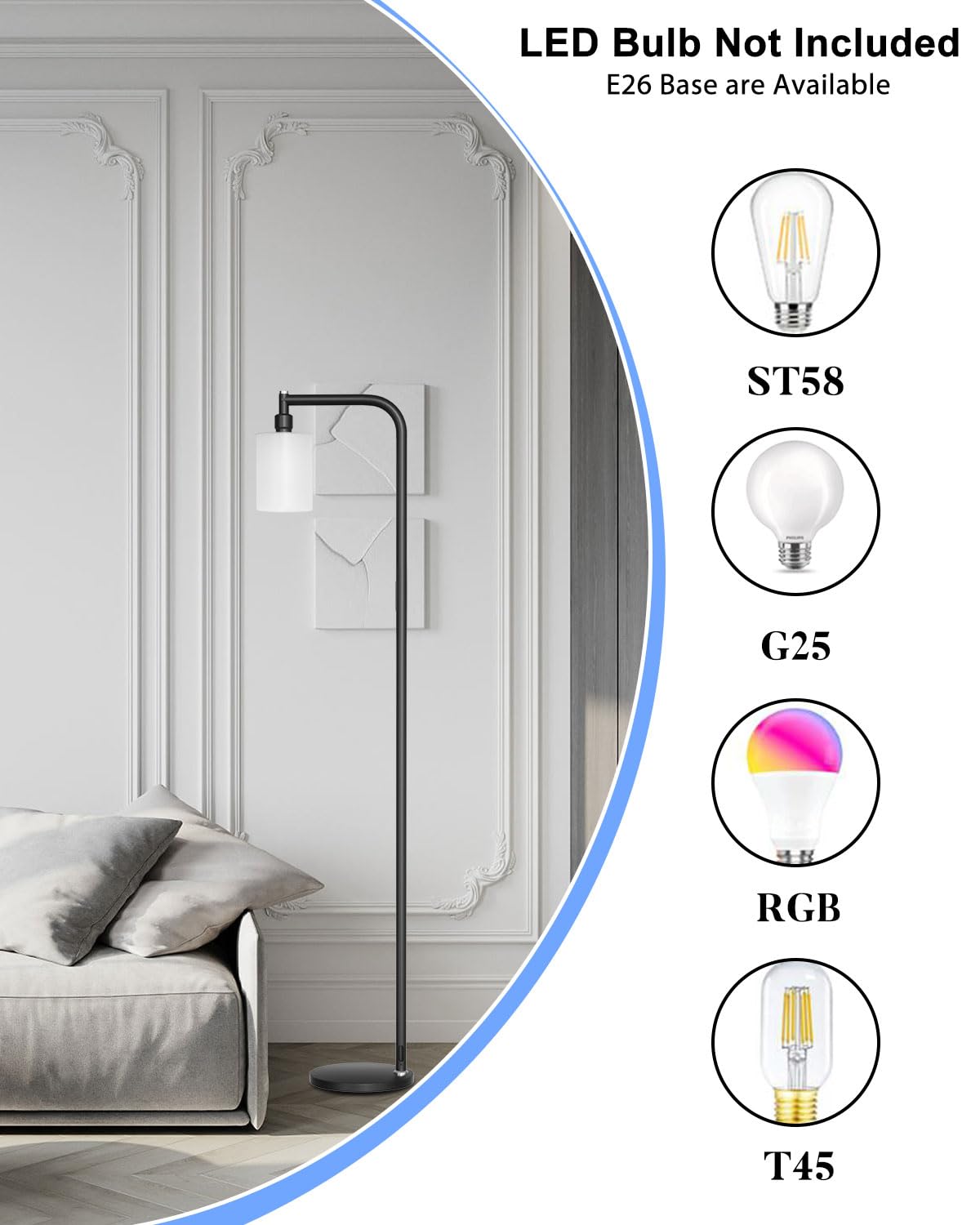 Lightdot Industrial Floor Lamp, 63IN Black Modern Design, Clear Glass Shade, E26 Base for Living Room, Bedroom, Home Office