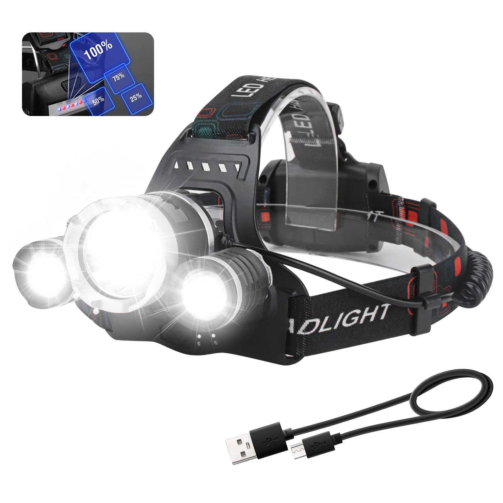 Boruit Led Rechargeable Headlamp,Super Bright Head Lamp Flashlight,Battery Powered 4 Modes Ipx4 Waterproof Headlamps For Adults 