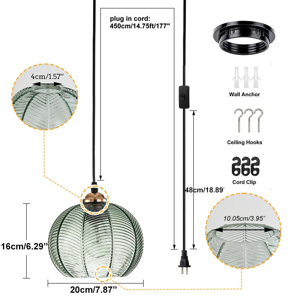Aoodu Plug In Pendant Light, Green Glass Pendant Light 14.75Ft Hanging Light With Plug In Cord Hand Blown 1-Light Hanging Lamp P