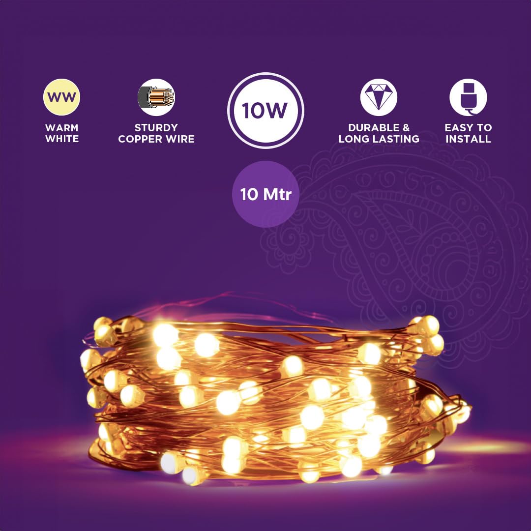 EcoLink Dazzel 10 Meter USB LED Copper String Light | Festival LED String Light for Diwali, Christams, Festivals and Home Decora
