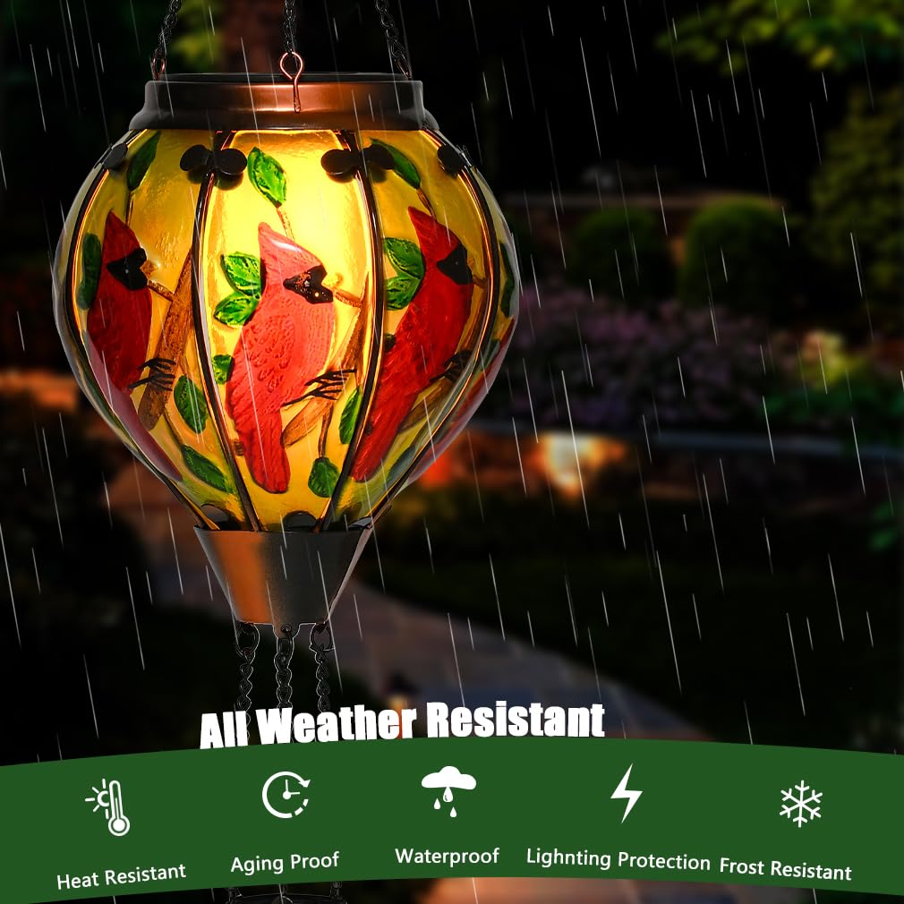Bathtoo Hot Air Balloon Solar Lantern - Large Cardinal Glass, Waterproof IP65, Simulated Flickering Flame for Patio & Porch Decor