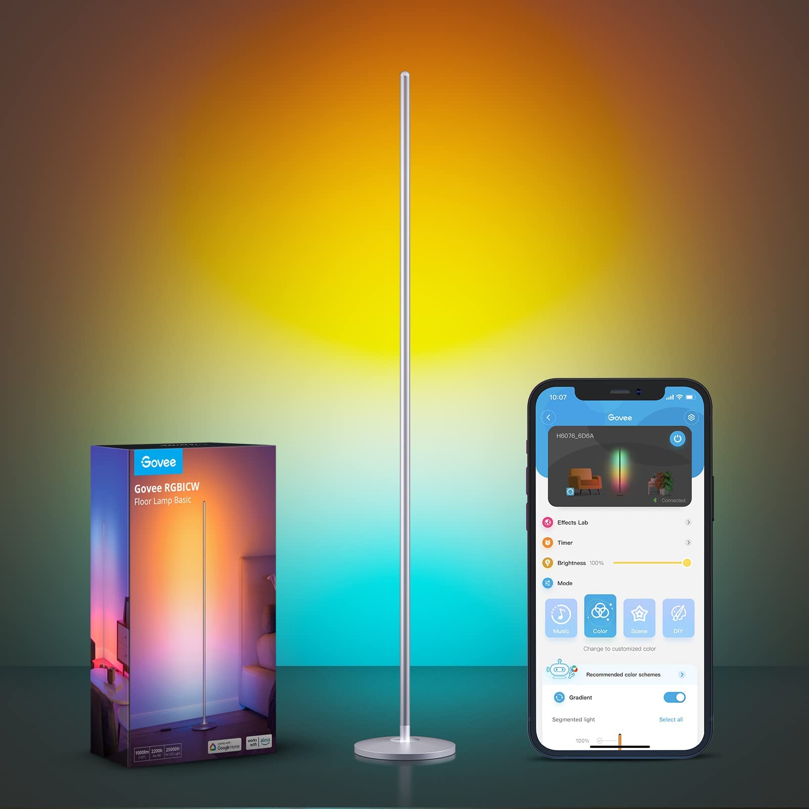 Govee RGBIC LED Floor Lamp - Smart Modern Corner Lamp with Music Sync, 16 Million Colors, Silver, Model H6076