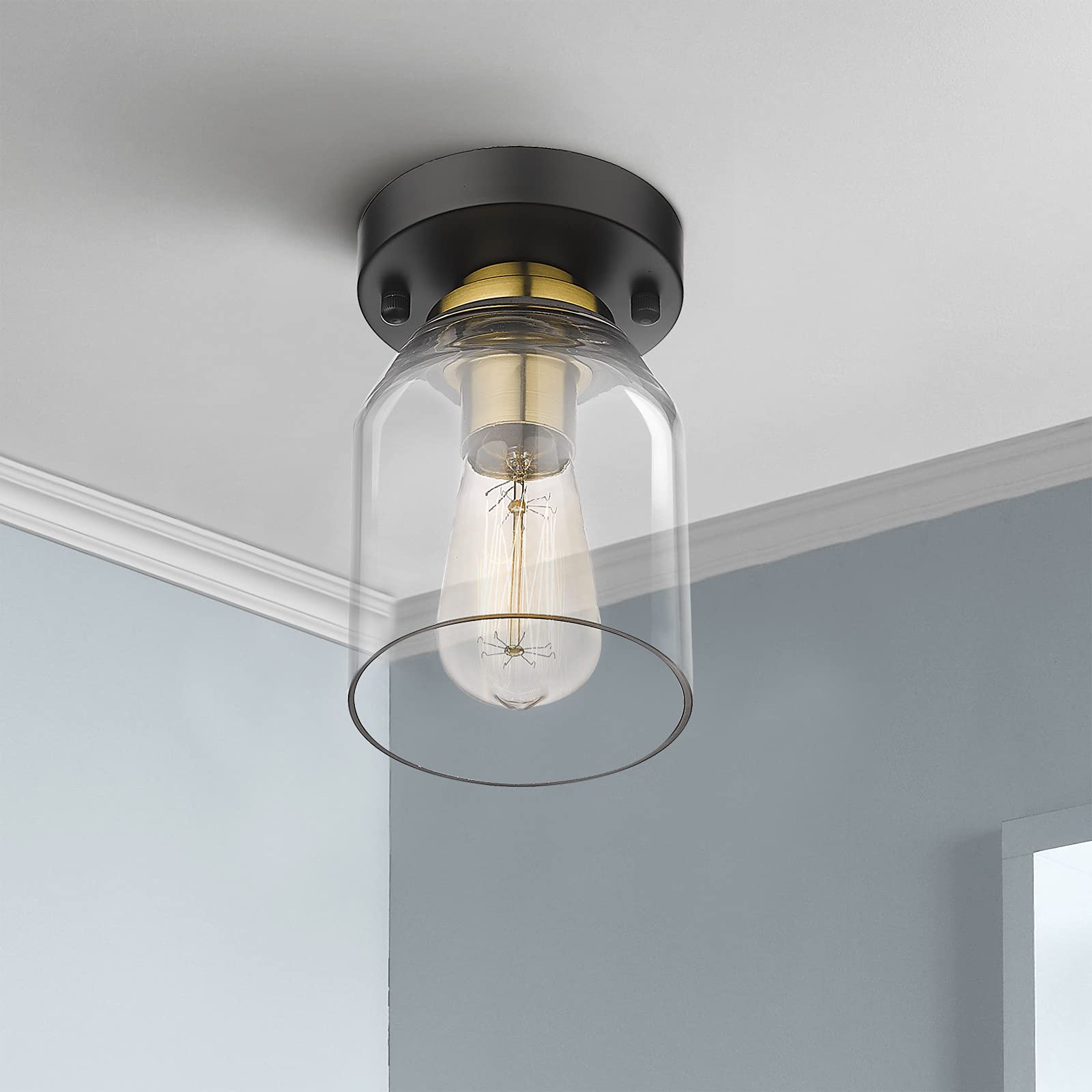 Zeyu Small Ceiling Light Fixture, Modern Semi Flush Mount Ceiling Light For Hallway Bedroom Kitchen, Black And Gold Finish, Zg33