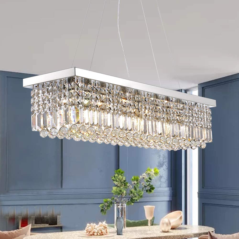 7PM Rectangle K9 Crystal Chandelier Pendant Light Fixture, Chrome, L40in x W10in x H10in, Iron, Model CL010602