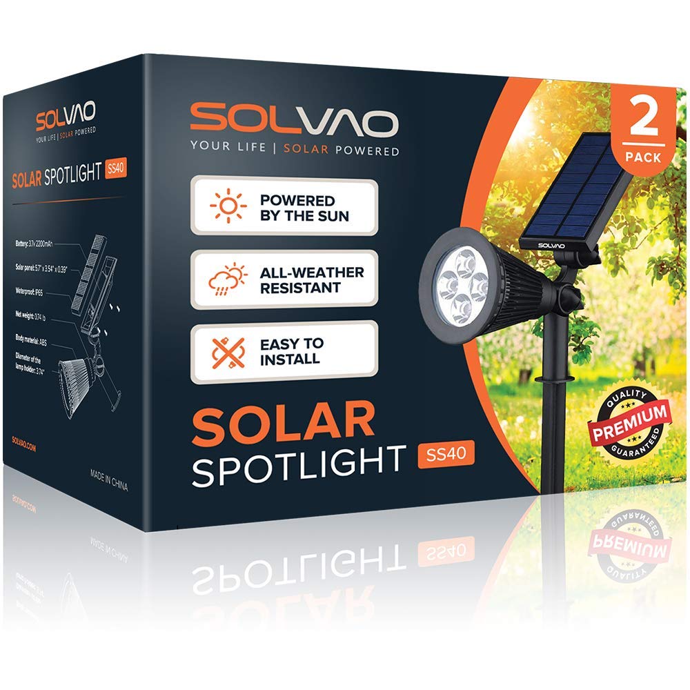 Solvao Solar Spot Light | Ultra Bright, All-Weather-Resistant, Waterproof | Auto On/Off Sensor, Adjustable 270° | Rechargeable Led For Outdoor, Driveway, Garden, Landscape, Wall, Fence, Yard | 2 Pck