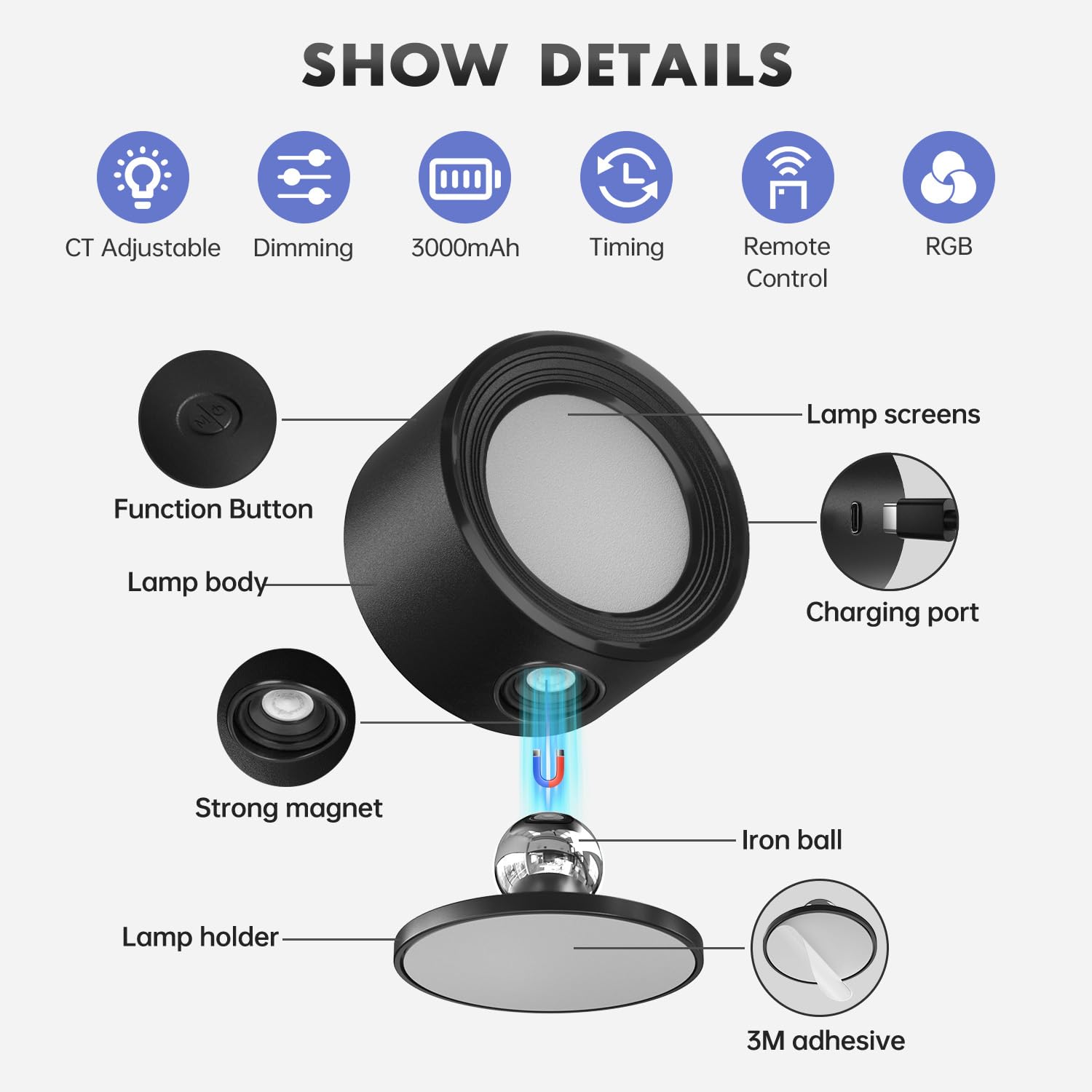 Led Wall Lights With Remote  1 Pack Rgb Rechargeable Wall Mounted Reading Sconces Lamp 3000Mah  3 Colors & Dimmable Magnetic 360 Rotation Cordless Wall Lighting Spotlights For Bedroom Bedside Hallway
