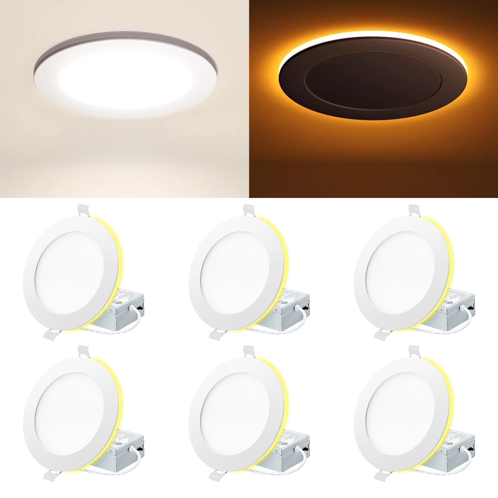 Eosmile 4 Inch White Led Recessed Lighting With Night Light 6 Pack Canless Wafer Ceiling Light  2700K-5000K Selectable  9W  120V  750Lm  Dimmable  Etl Fcc