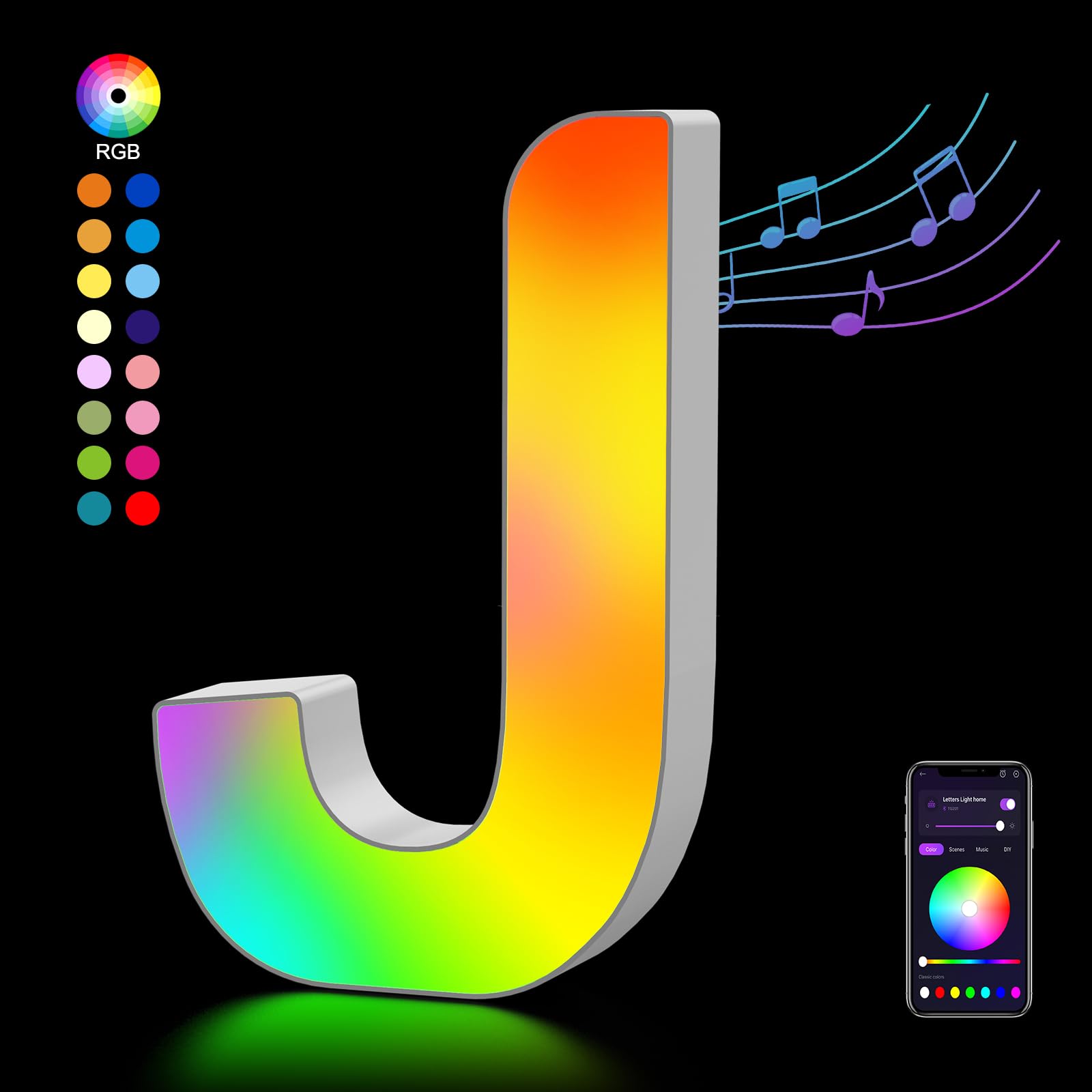 OJQ LED Light Up Letter - Colorful Alphabet, Music Sync, Plastic, Model A1, Color J - Bedroom Decor Gift for Girls