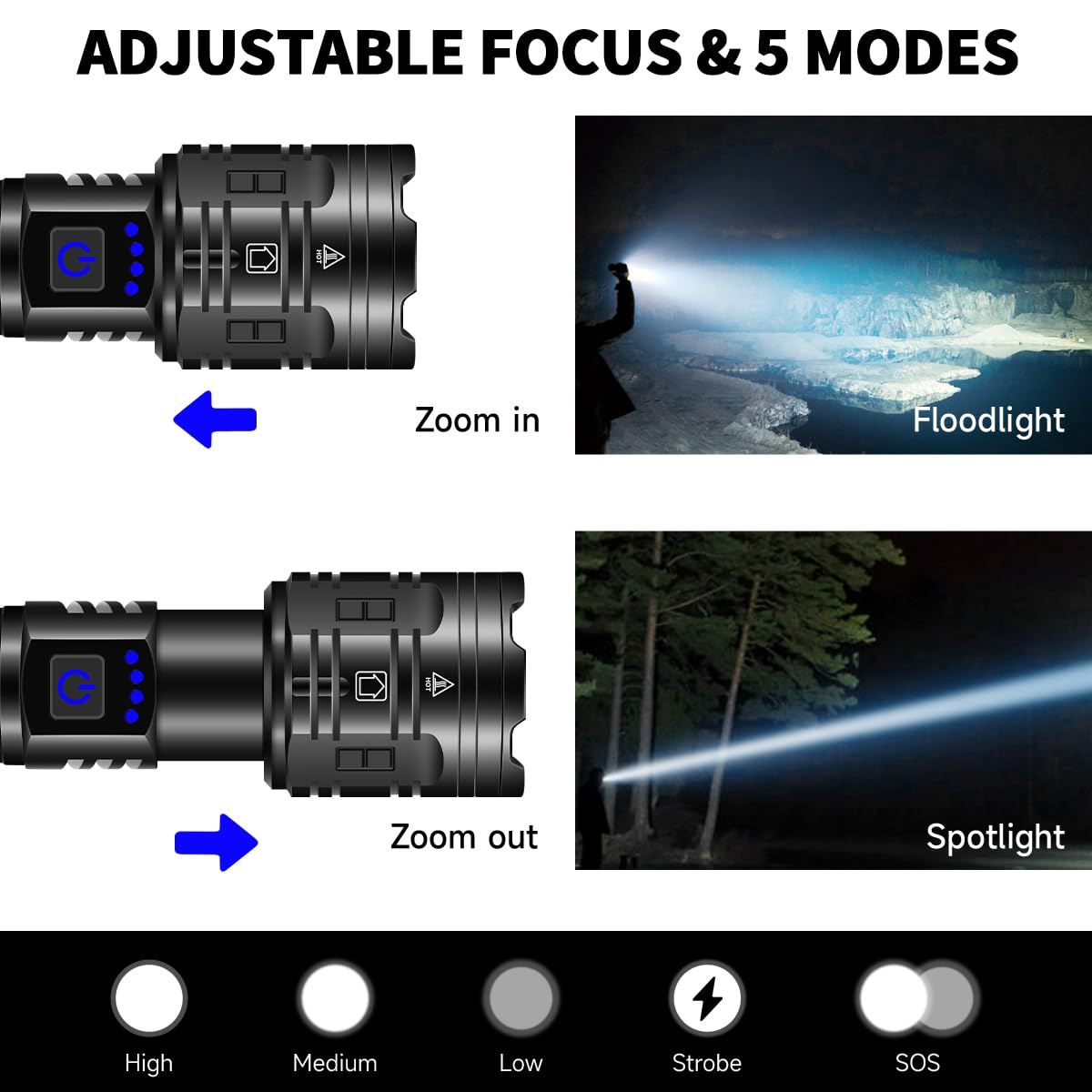 IkeeRuic Rechargeable Tactical Flashlight 990000LM, 5 Modes, Waterproof, Aluminum, Black, 1 Pack