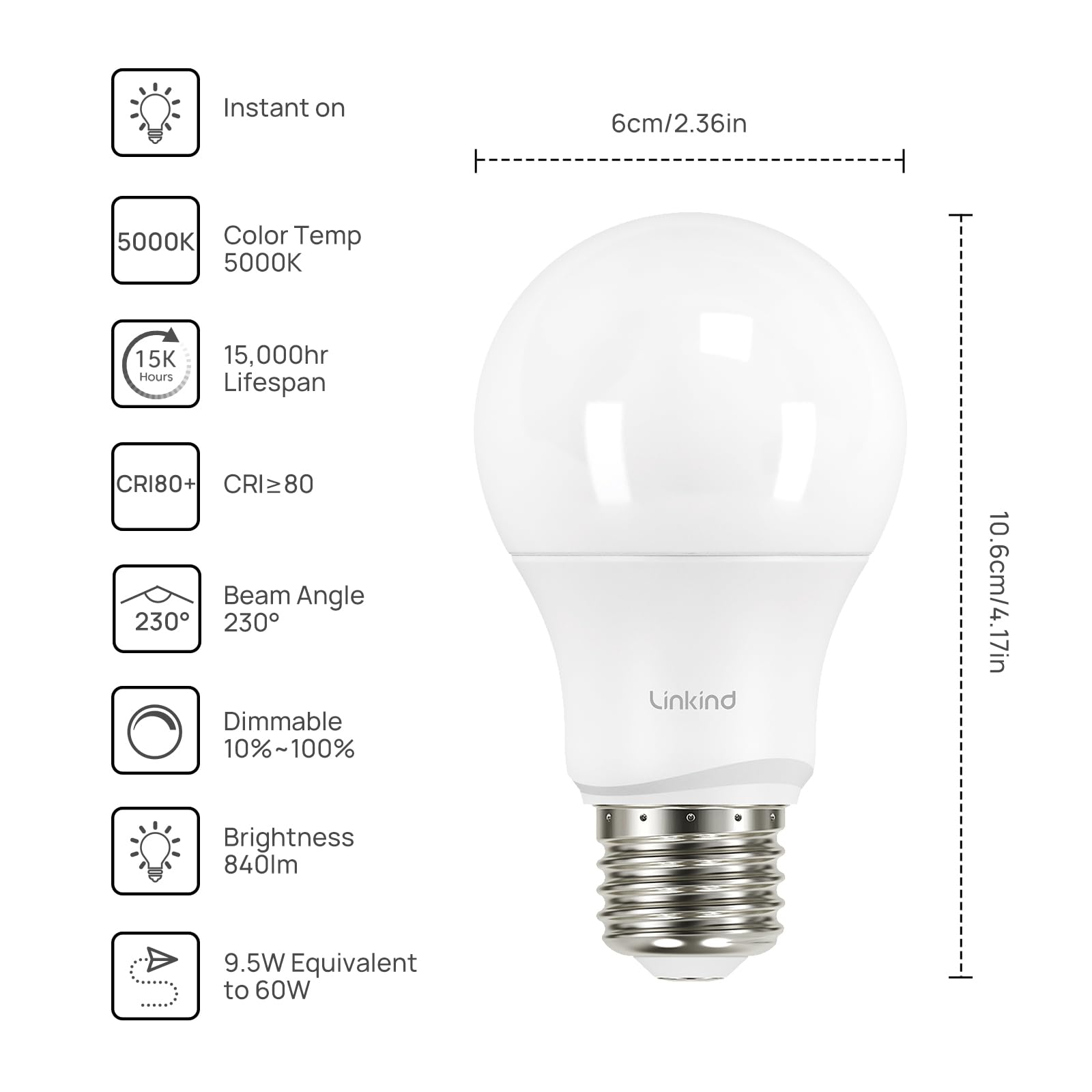 Linkind Dimmable A19 LED Light Bulbs, 60W Equivalent, 800 Lumens, 5000K Daylight, E26 Base, Pack of 6