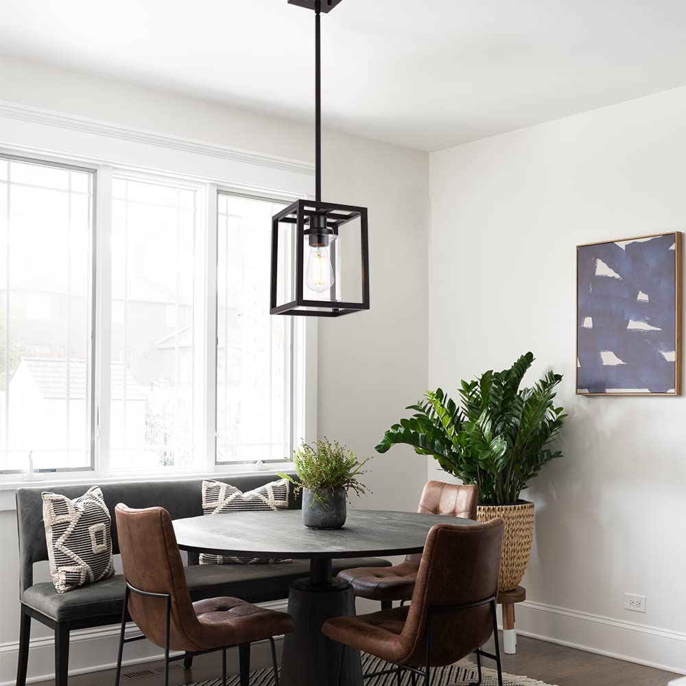 VINLUZ 1 Light Pendant Light Fixture - Matte Black Finish, Classic Farmhouse Chandelier with Clear Glass Shade