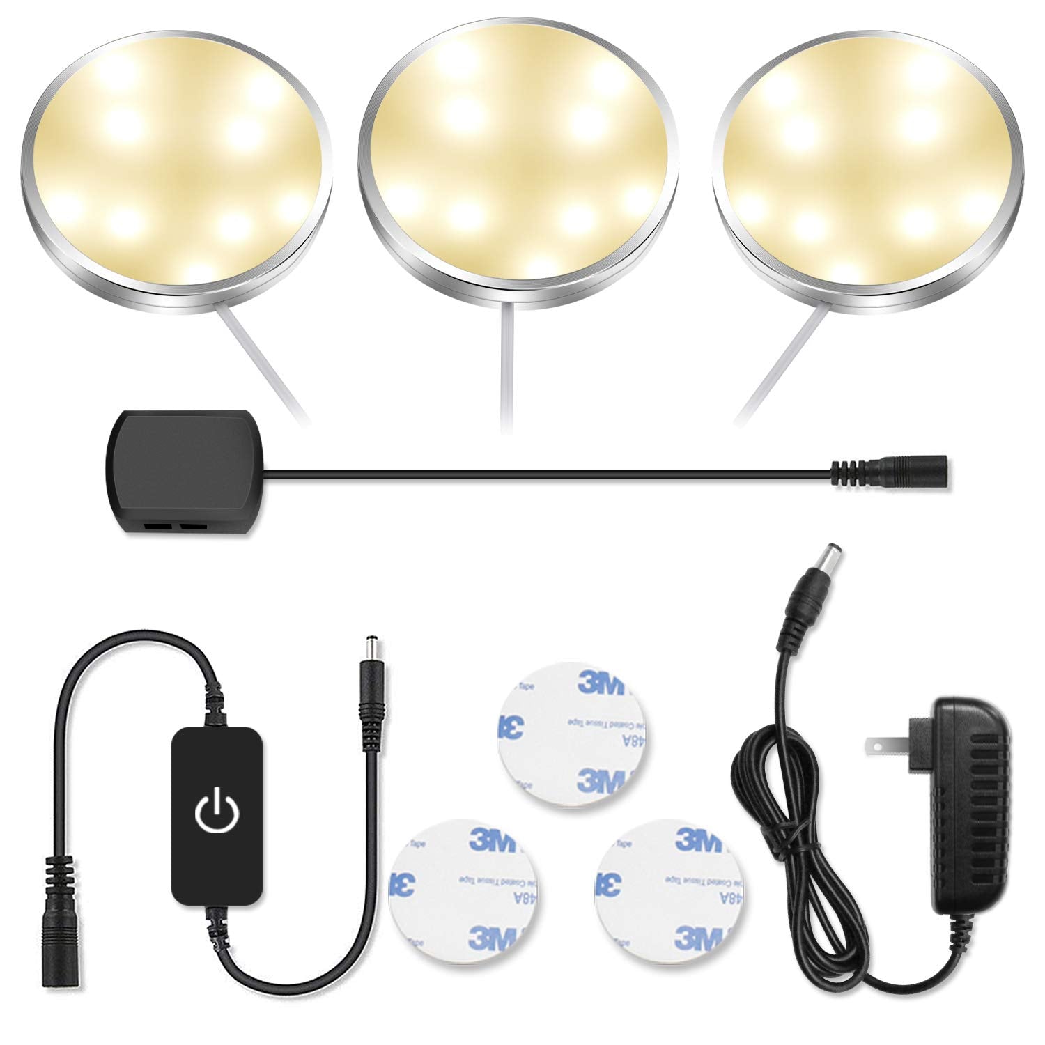 YGS-Tech LED Puck Lights, Warm White, Aluminum, Touch Dimming, 3-Pack, Under Cabinet Lighting