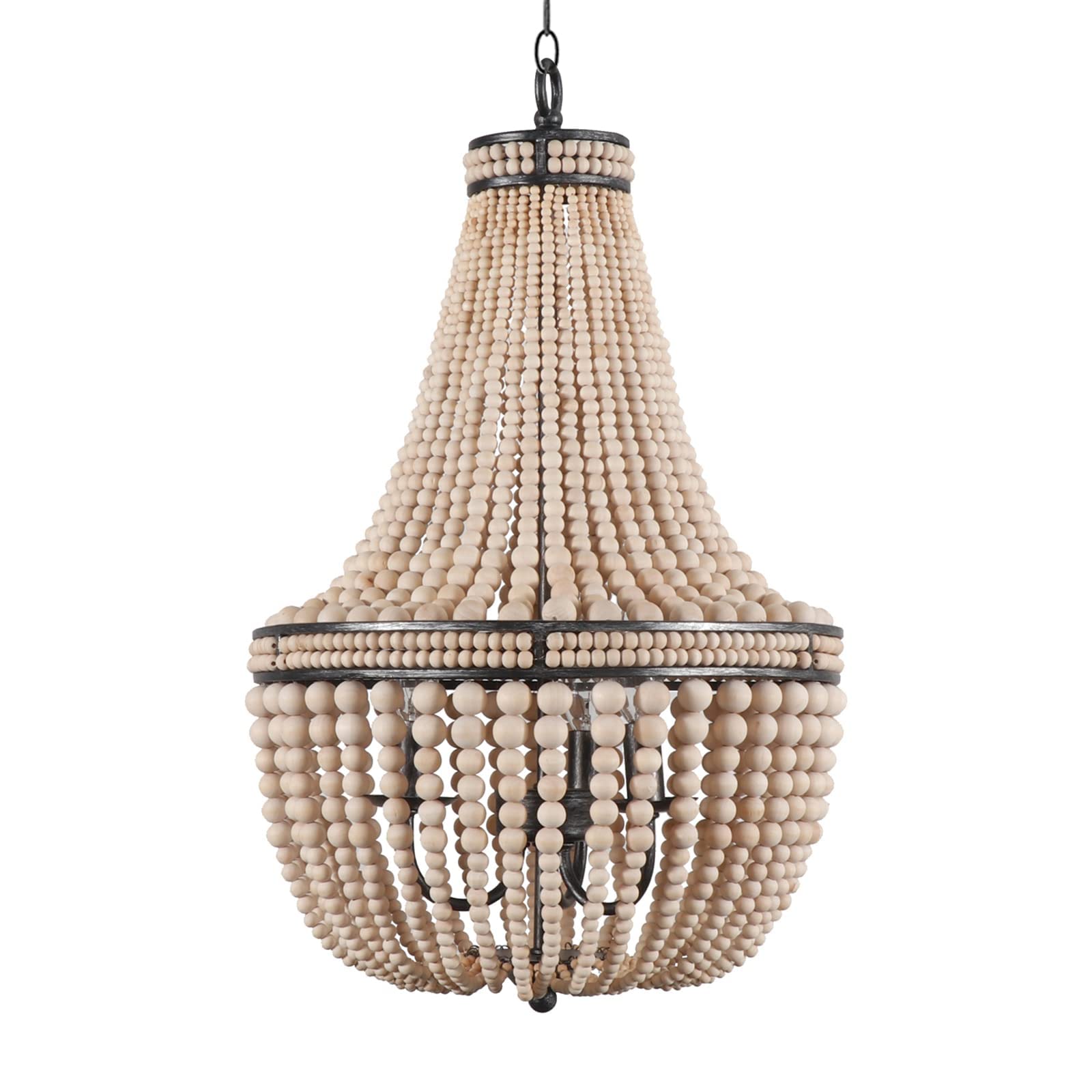 DOCHEER Wood Beaded Chandelier, 3-Light Pendant Fixture, Oak White, 14.02in Diameter, Rustic Boho Light for Dining Room, Living Room, Entryway