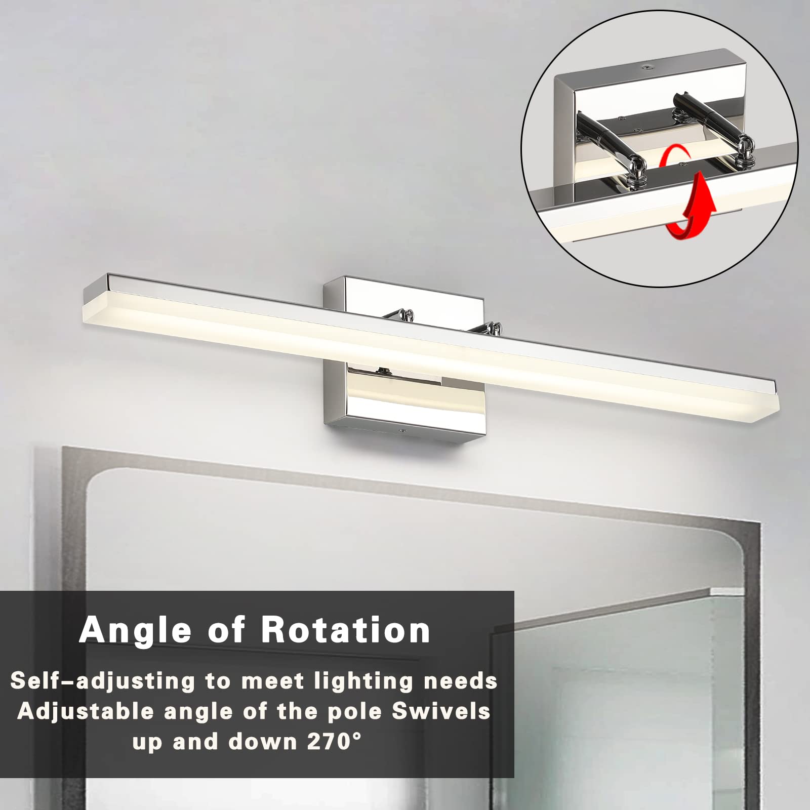 7Degobii 24in Bathroom Vanity Light Dimmable 14W LED Chrome Fixture - Model 7410-9W-BK, Adjustable 4000K