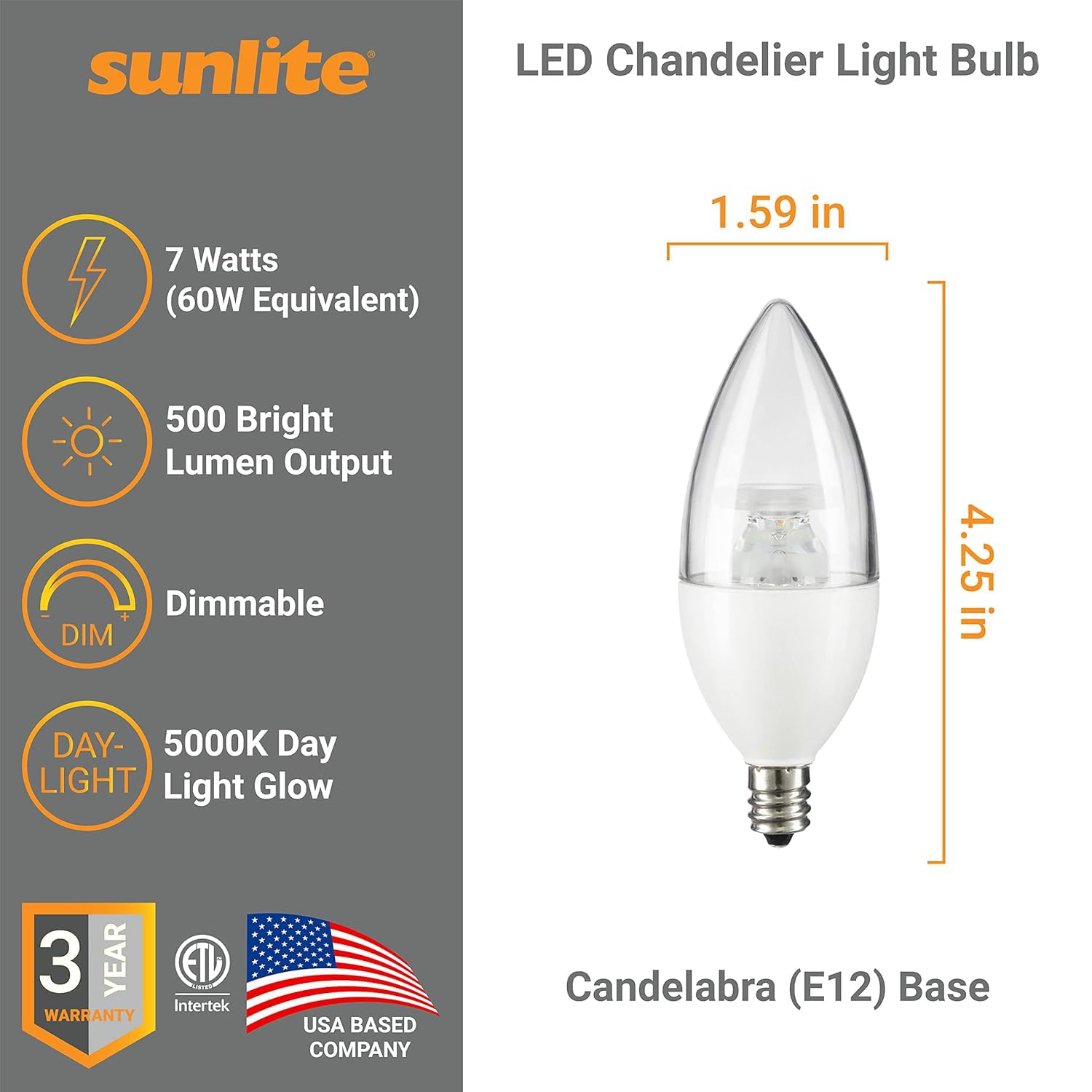 Sunlite LED B13 Chandelier Light Bulb, 7W (60W=), 500 Lumens, Dimmable, E12 Base, 5000K Daylight, 6