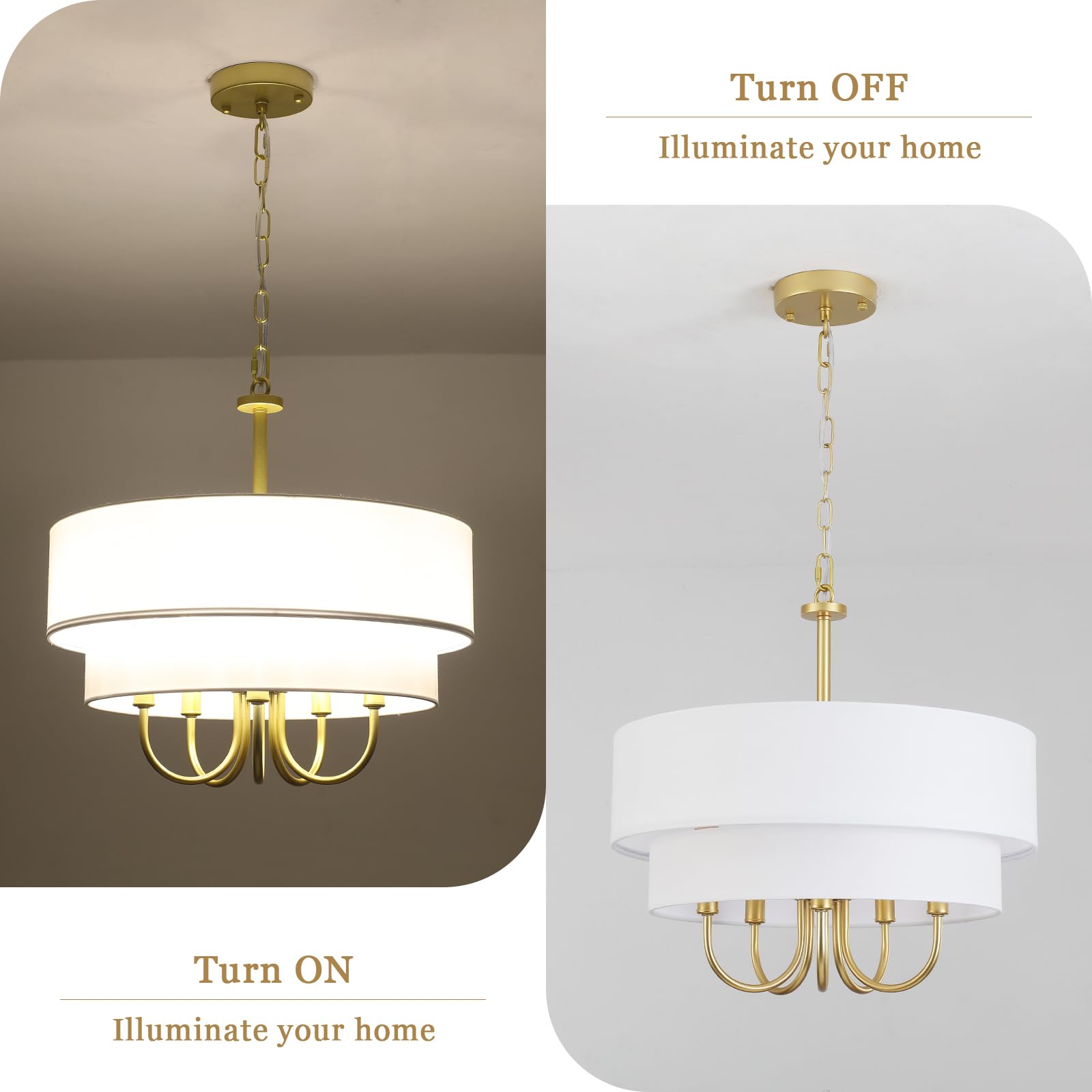 Gold Farmhouse Chandelier 5 Lights Drum Chandeliers With White Fabric Shades Dining Room Light Fixtures Over Table Brass Pendant