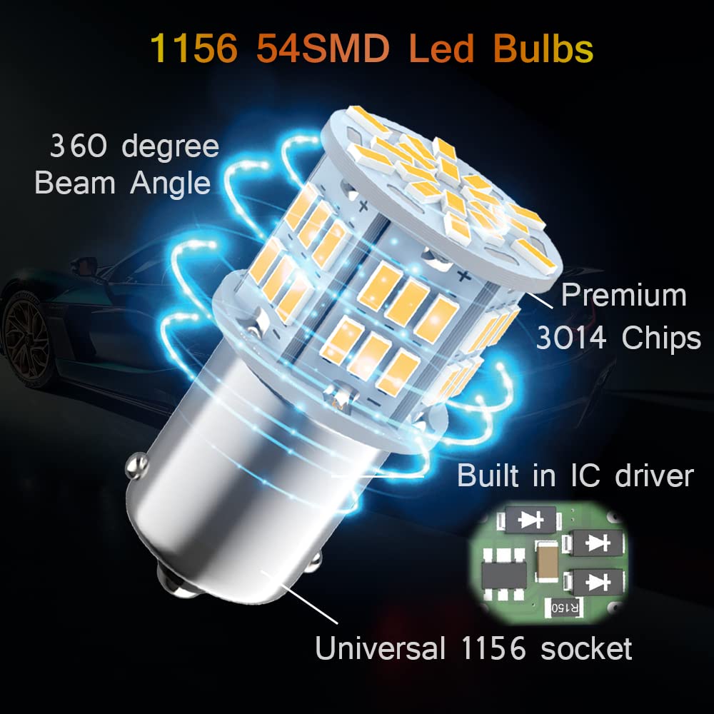 Melphan-Auto 1156 LED Bulb, 54-SMD, 12V-24V, Warm White, 4pcs for RV, Camper, Trailer, Vehicle Interior, Tail Lights